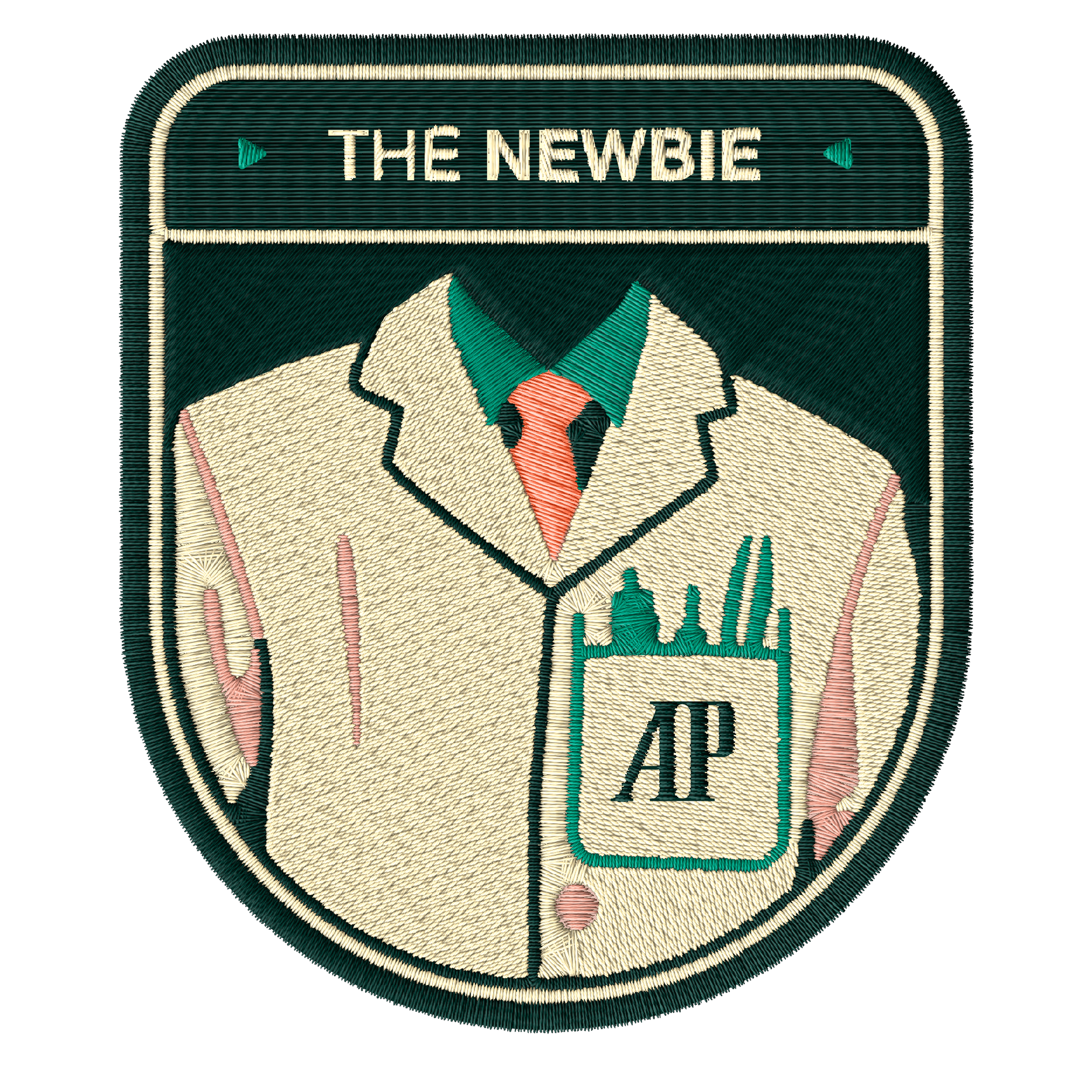Embroidered patch of a AP employee outfit with the text “THE NEWBIE” and “AP” on top.
