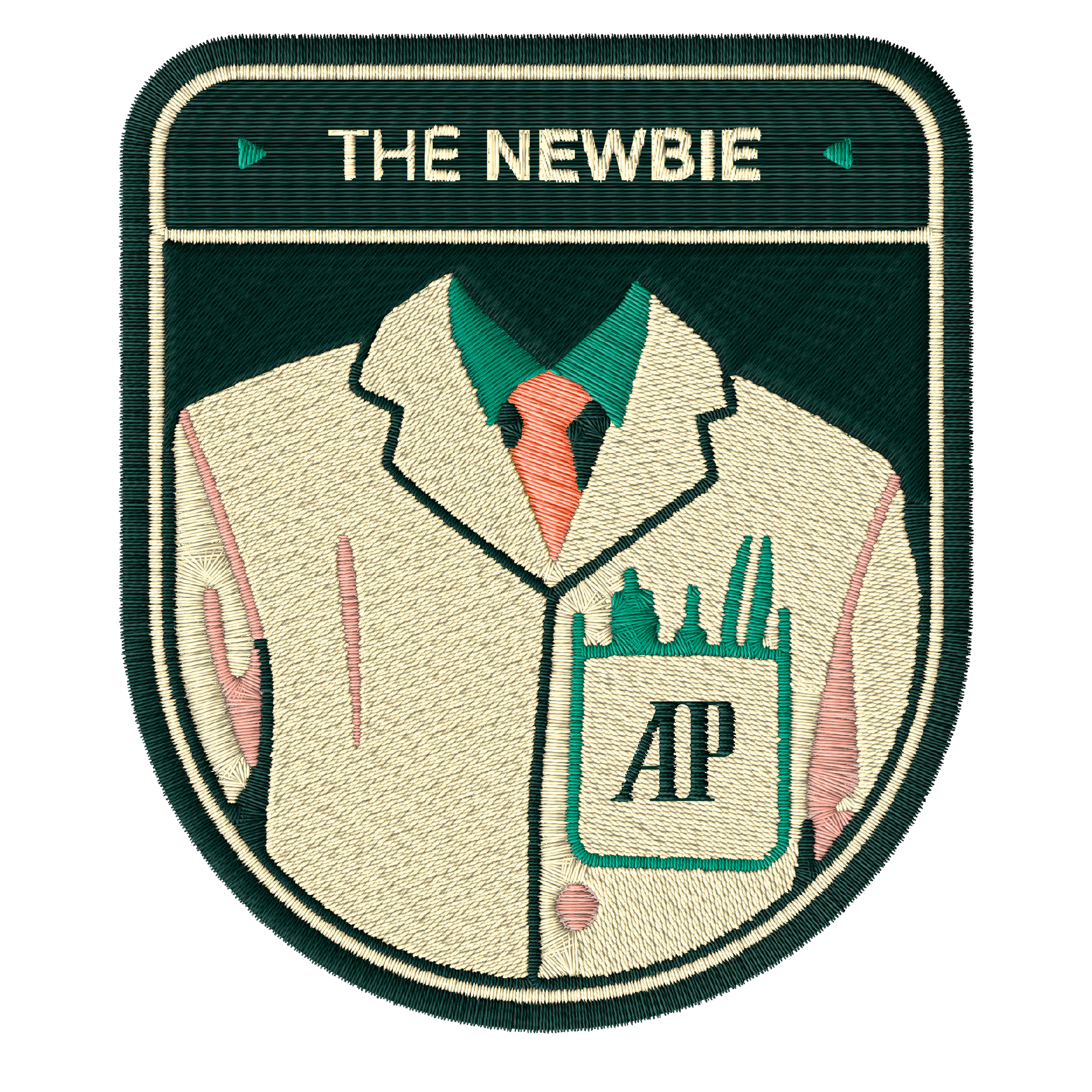 Embroidered patch of a AP employee outfit with the text “THE NEWBIE” and “AP” on top.
