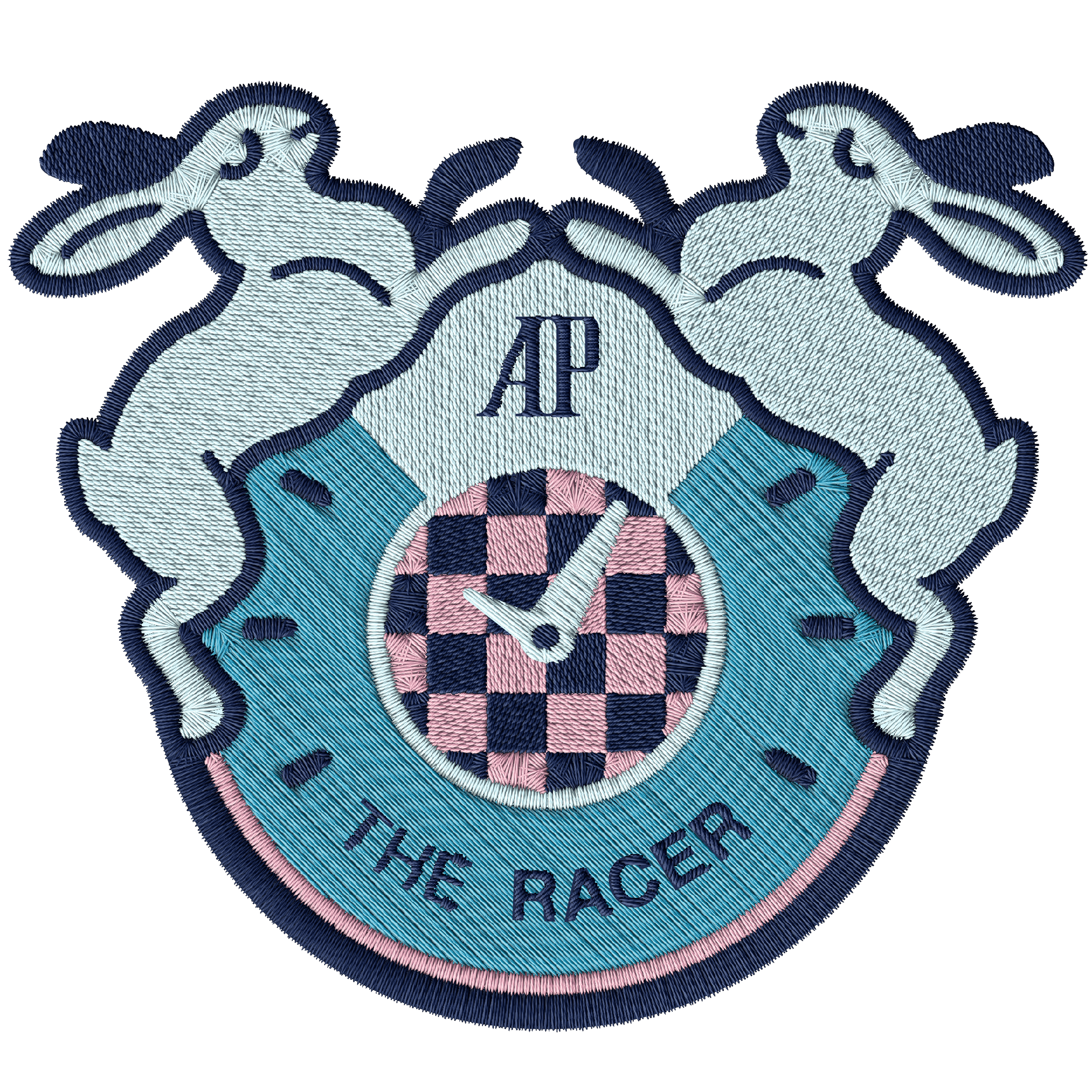 Embroidered patch of a clock surrounded by two rabbits with the text “THE RACER” and “AP” on top.