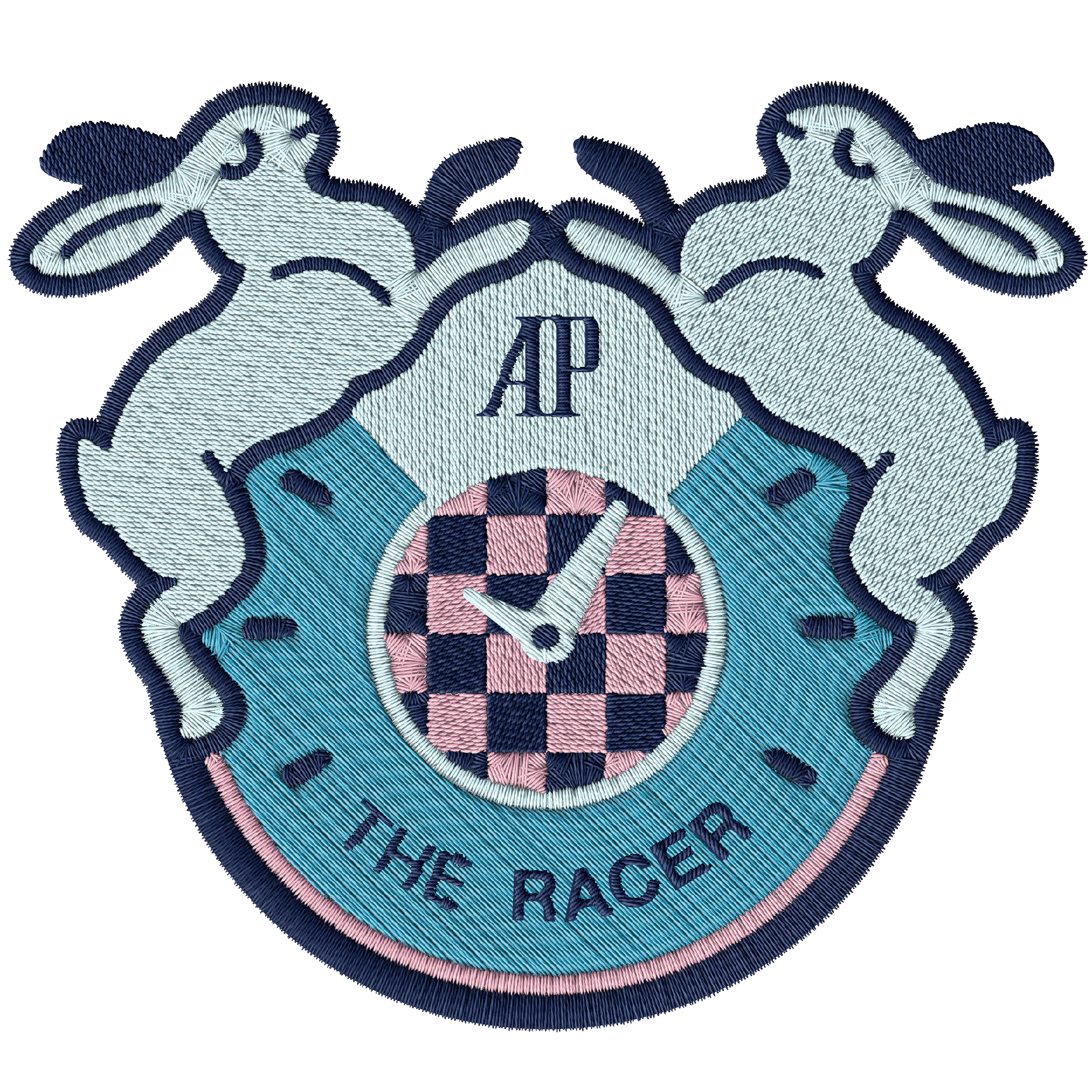 Embroidered patch of a clock surrounded by two rabbits with the text “THE RACER” and “AP” on top.