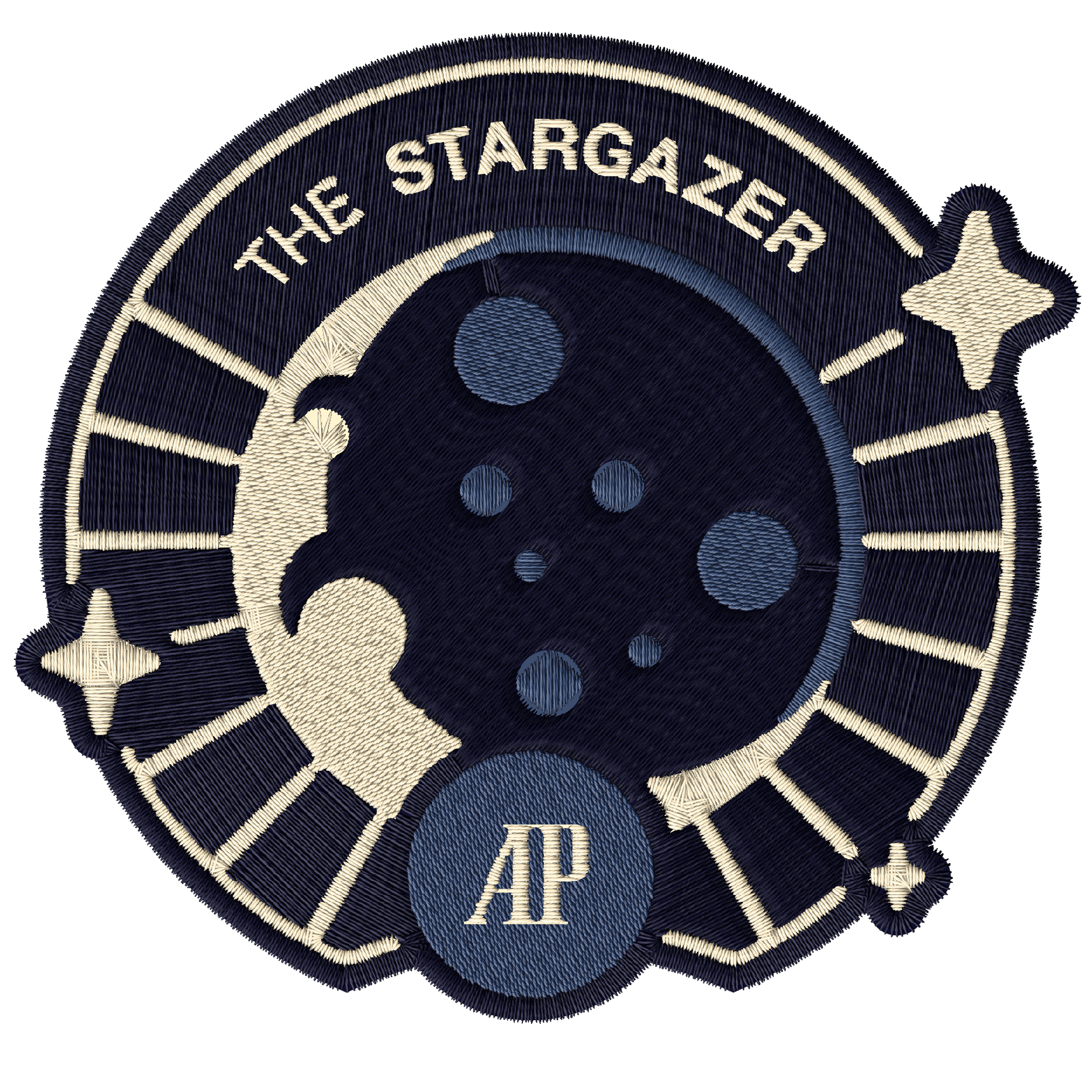 Embroidered patch of the moon with the text “THE STARGAZER” and “AP” on top.
