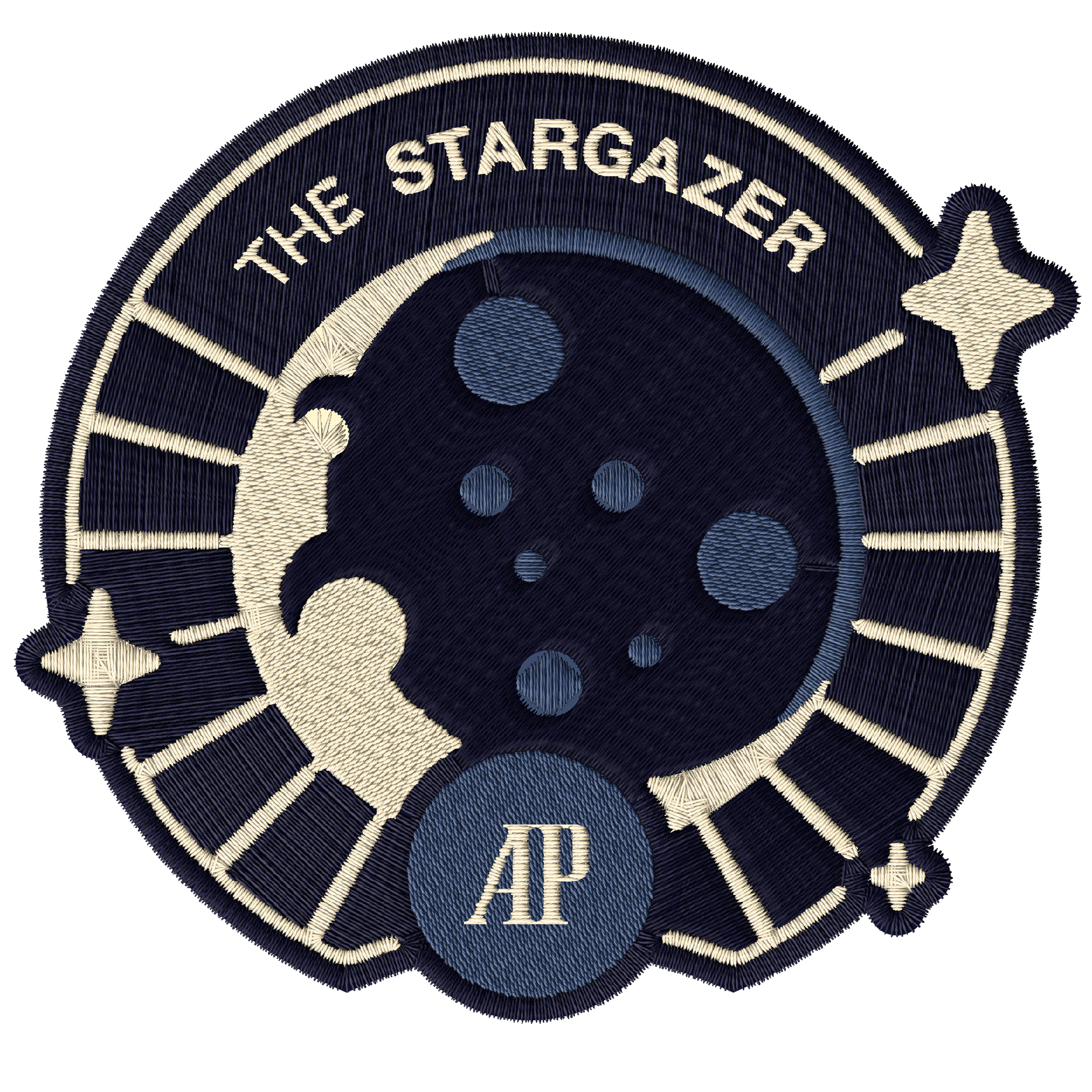 Embroidered patch of the moon with the text “THE STARGAZER” and “AP” on top.