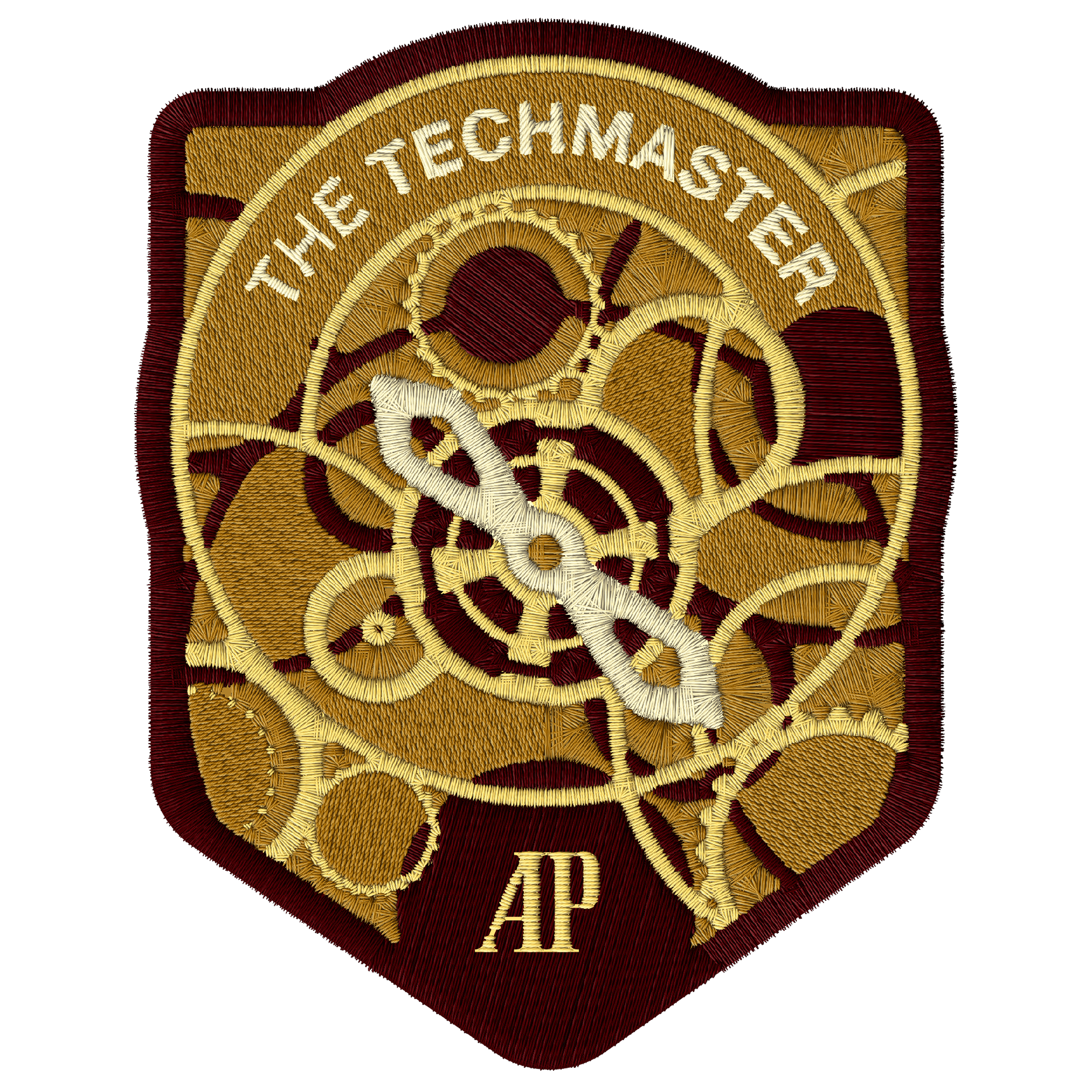 Embroidered patch of the inside of a watch with the text “THE TECHMASTER” and “AP” on top.