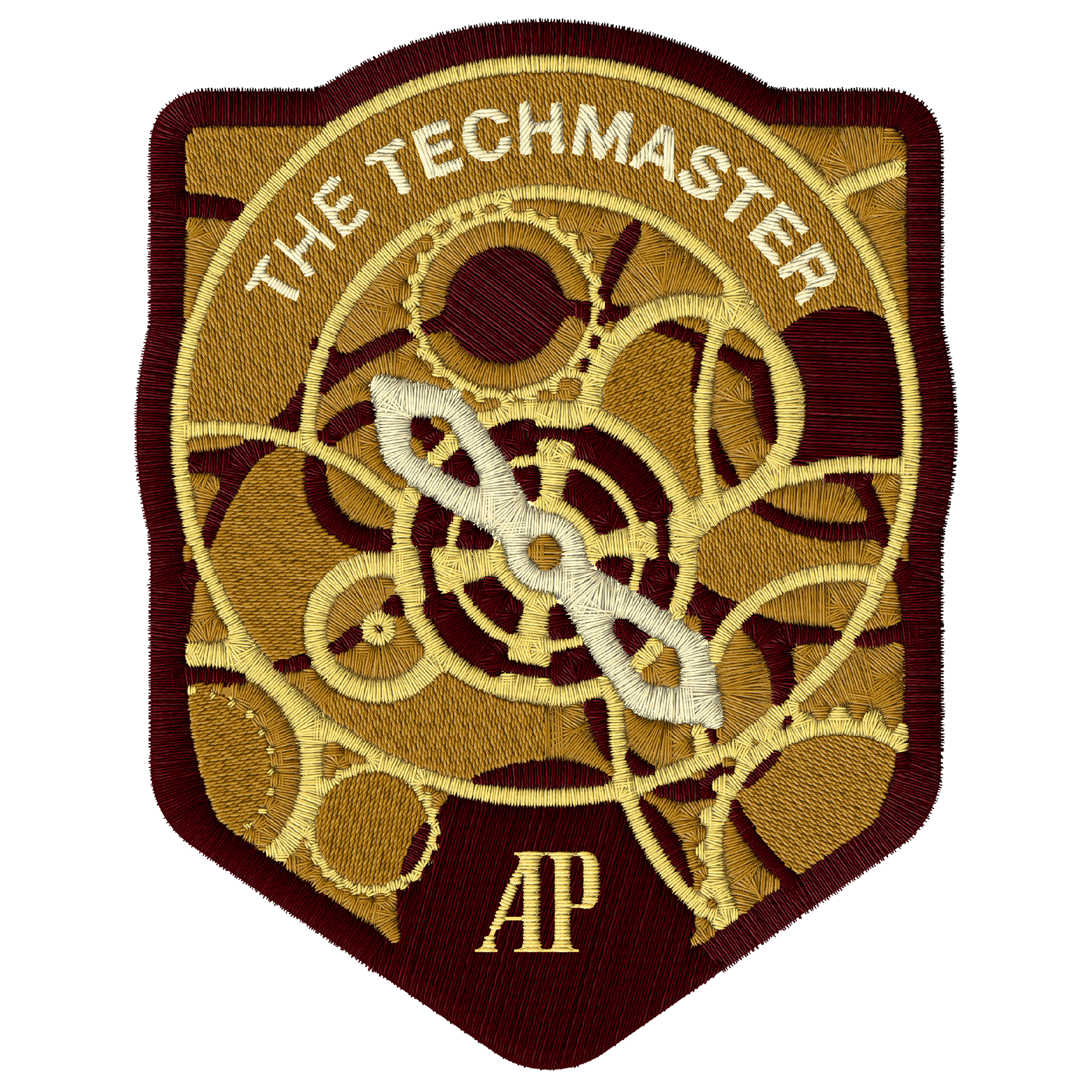 Embroidered patch of the inside of a watch with the text “THE TECHMASTER” and “AP” on top.