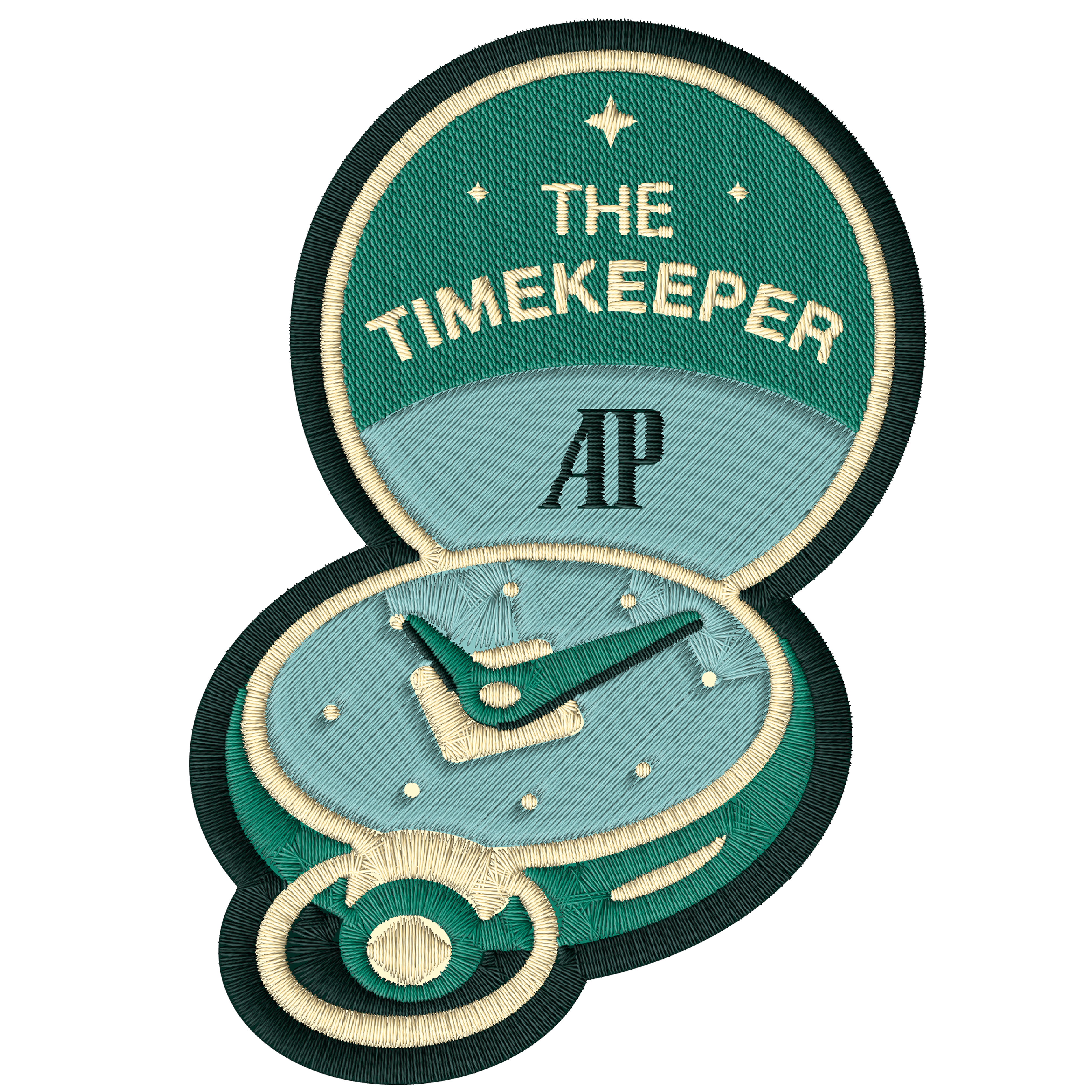 Embroidered patch of a watch with the text “THE TIMEKEEPER” and “AP” on top.