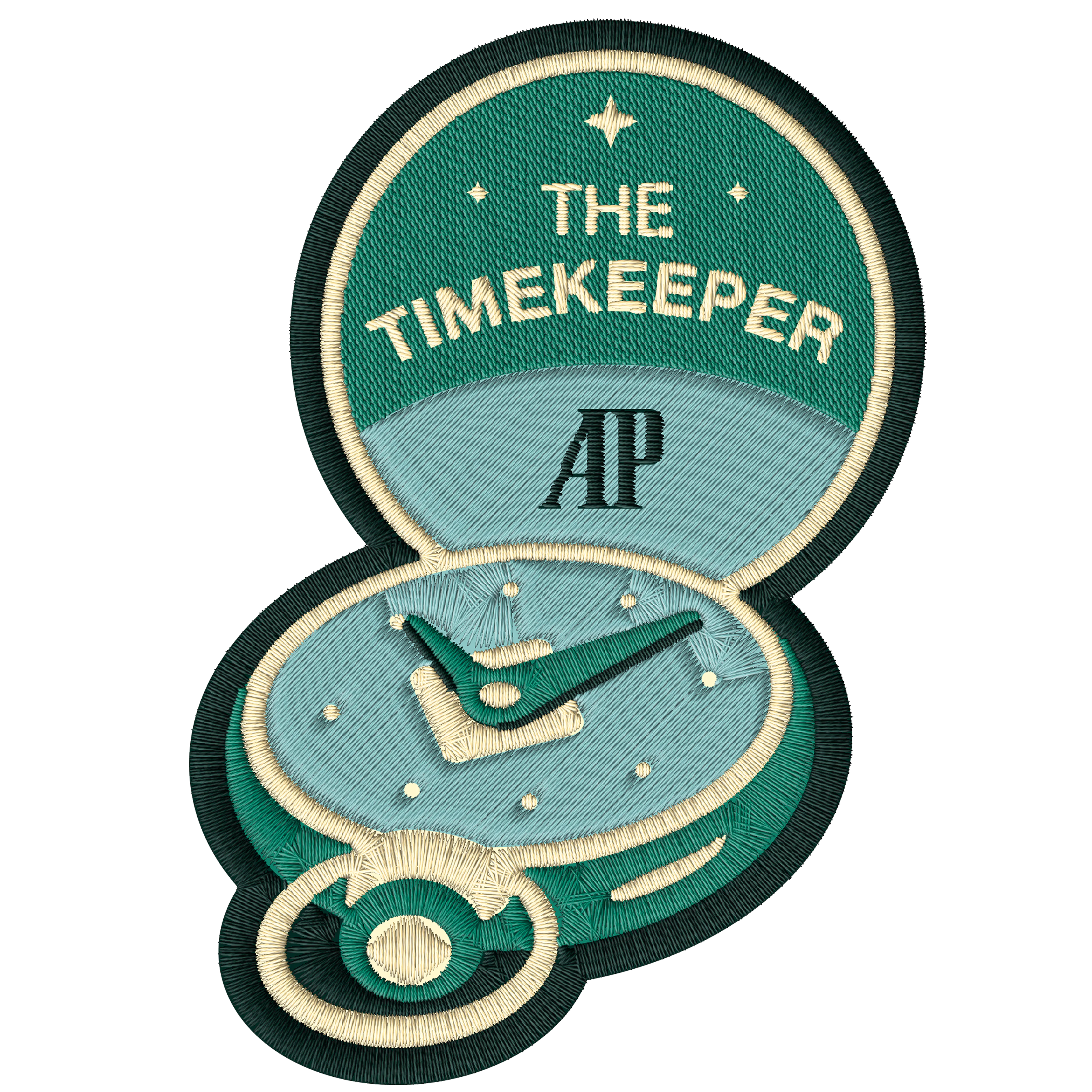 Embroidered patch of a watch with the text “THE TIMEKEEPER” and “AP” on top.