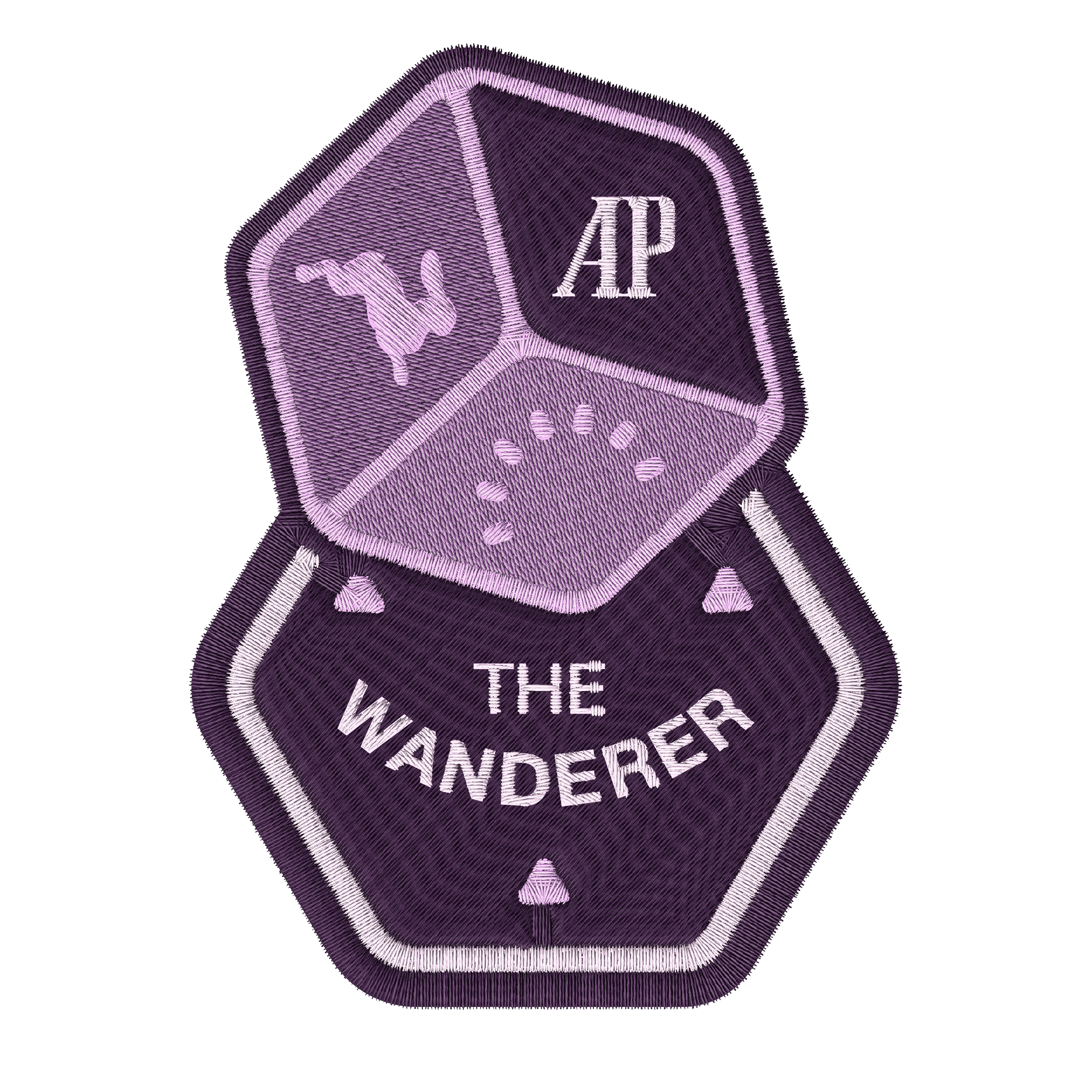 Embroidered patch of a dice with the text “THE WANDERER” and “AP” on top.