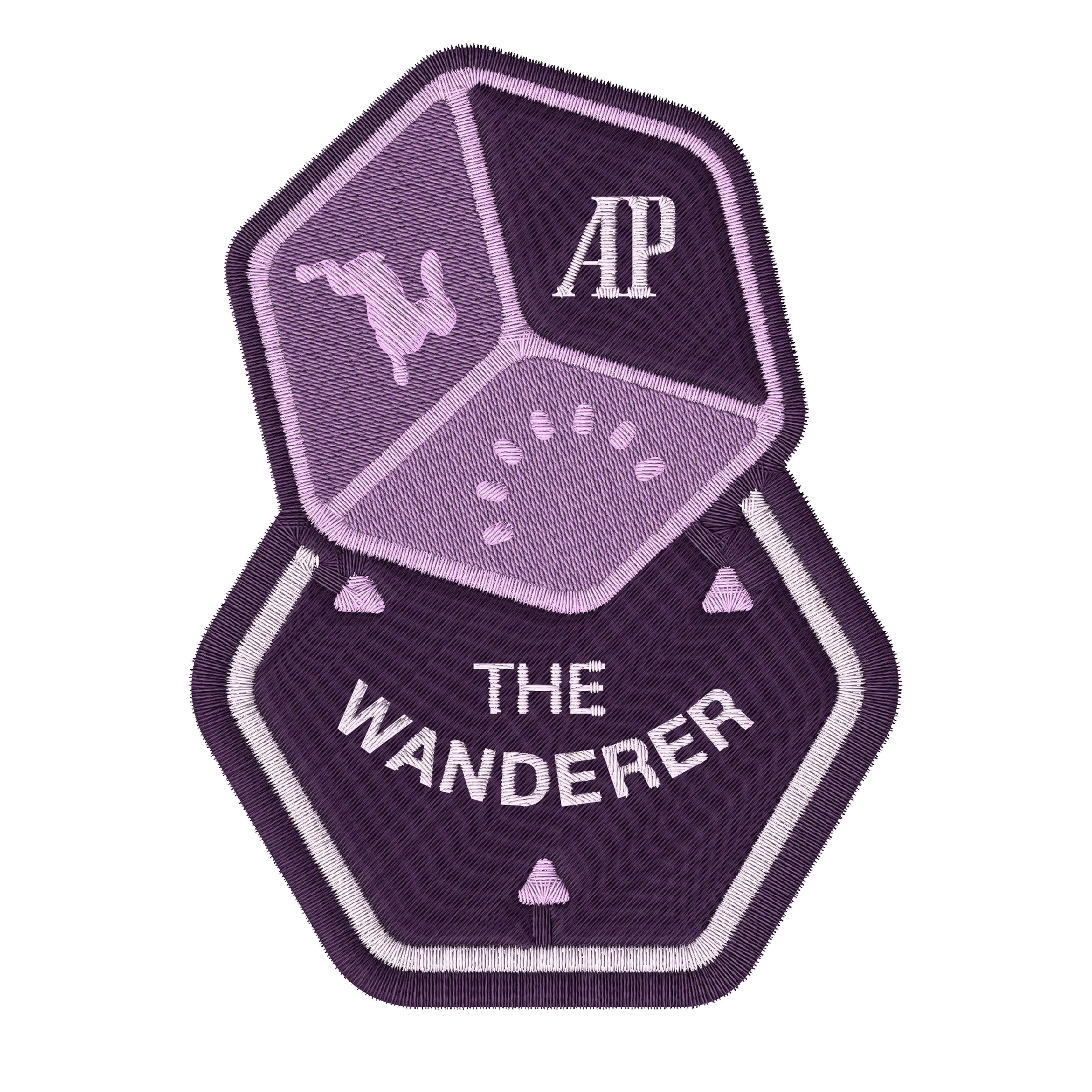 Embroidered patch of a dice with the text “THE WANDERER” and “AP” on top.