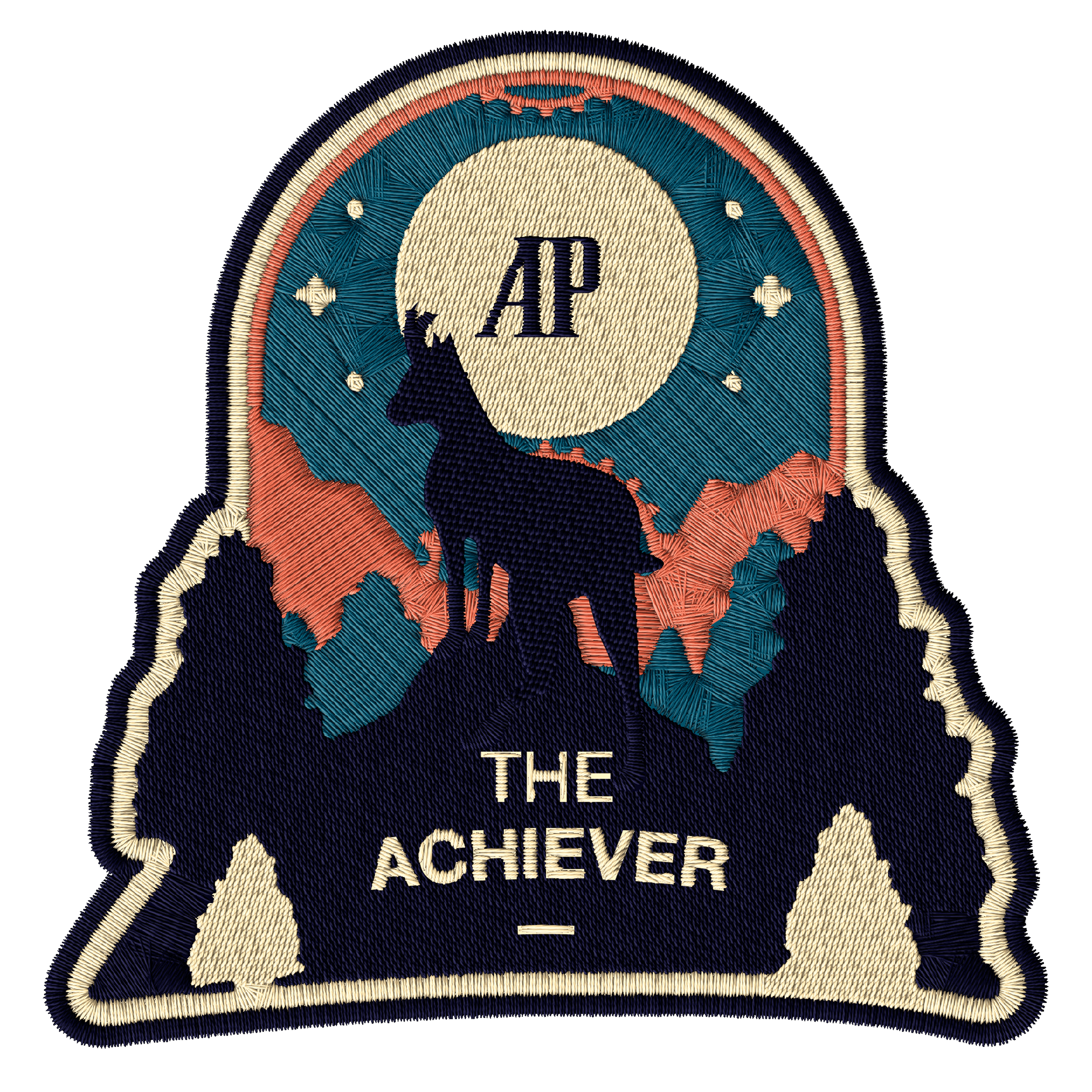 Embroidered patch of a mountain landscape with the text “THE ACHIEVER” and “AP” on top.