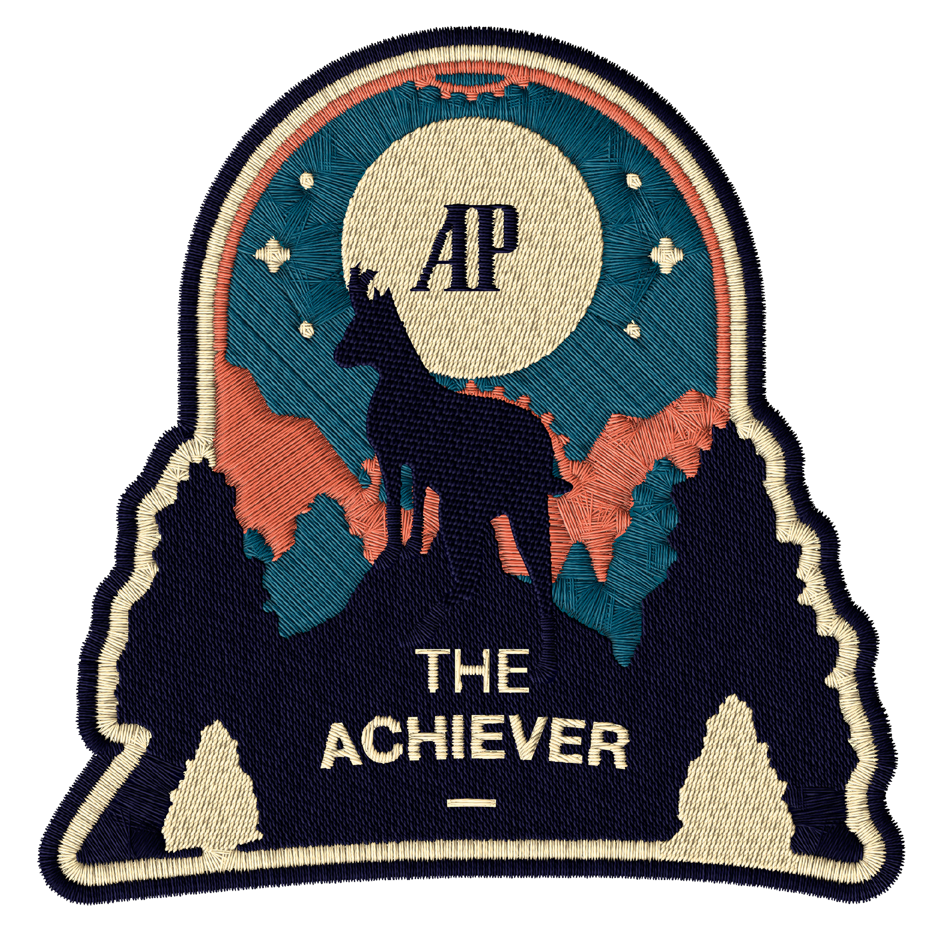 Embroidered patch of a mountain landscape with the text “THE ACHIEVER” and “AP” on top.
