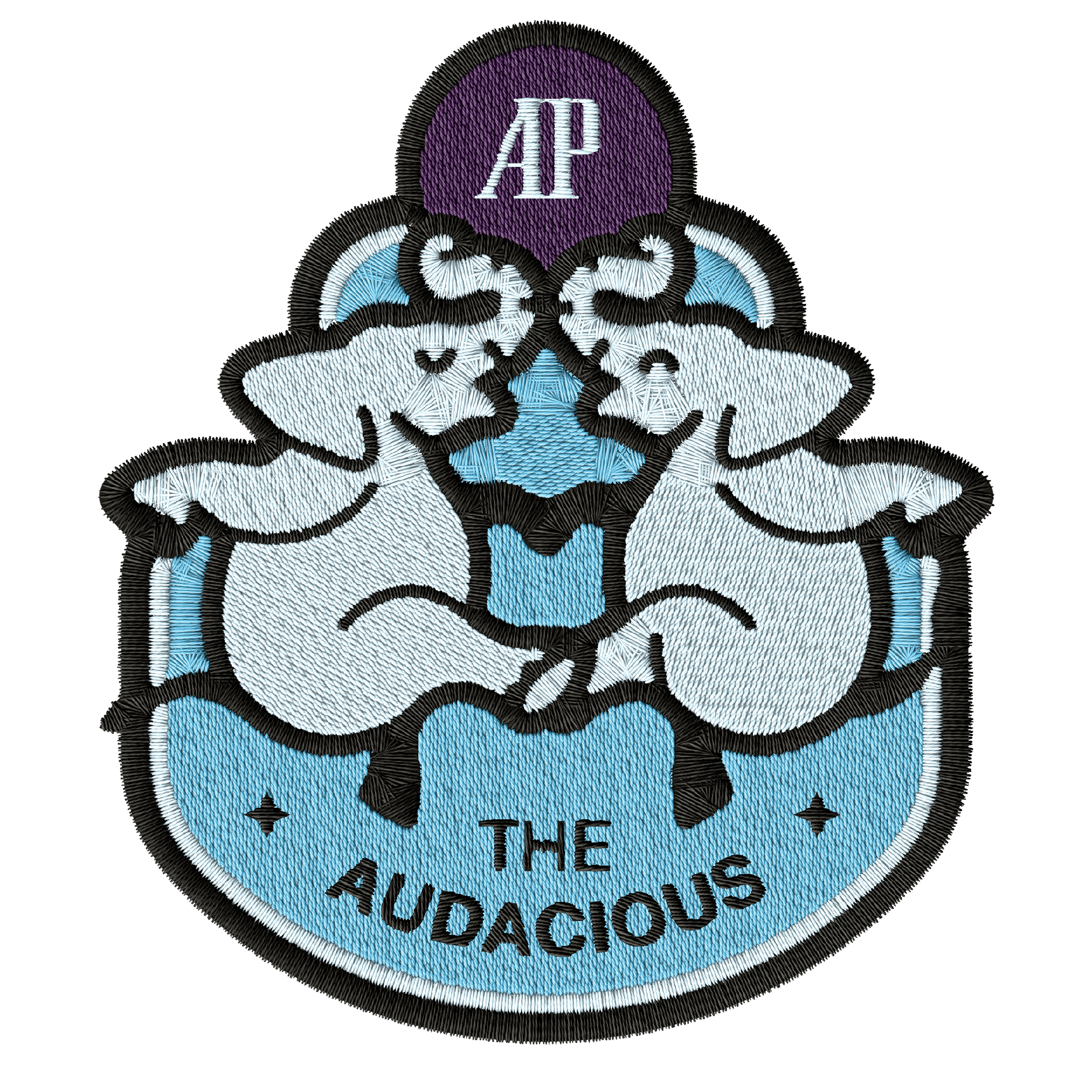 Embroidered patch of two blue elephants with the text “THE AUDACIOUS” and “AP” on top.