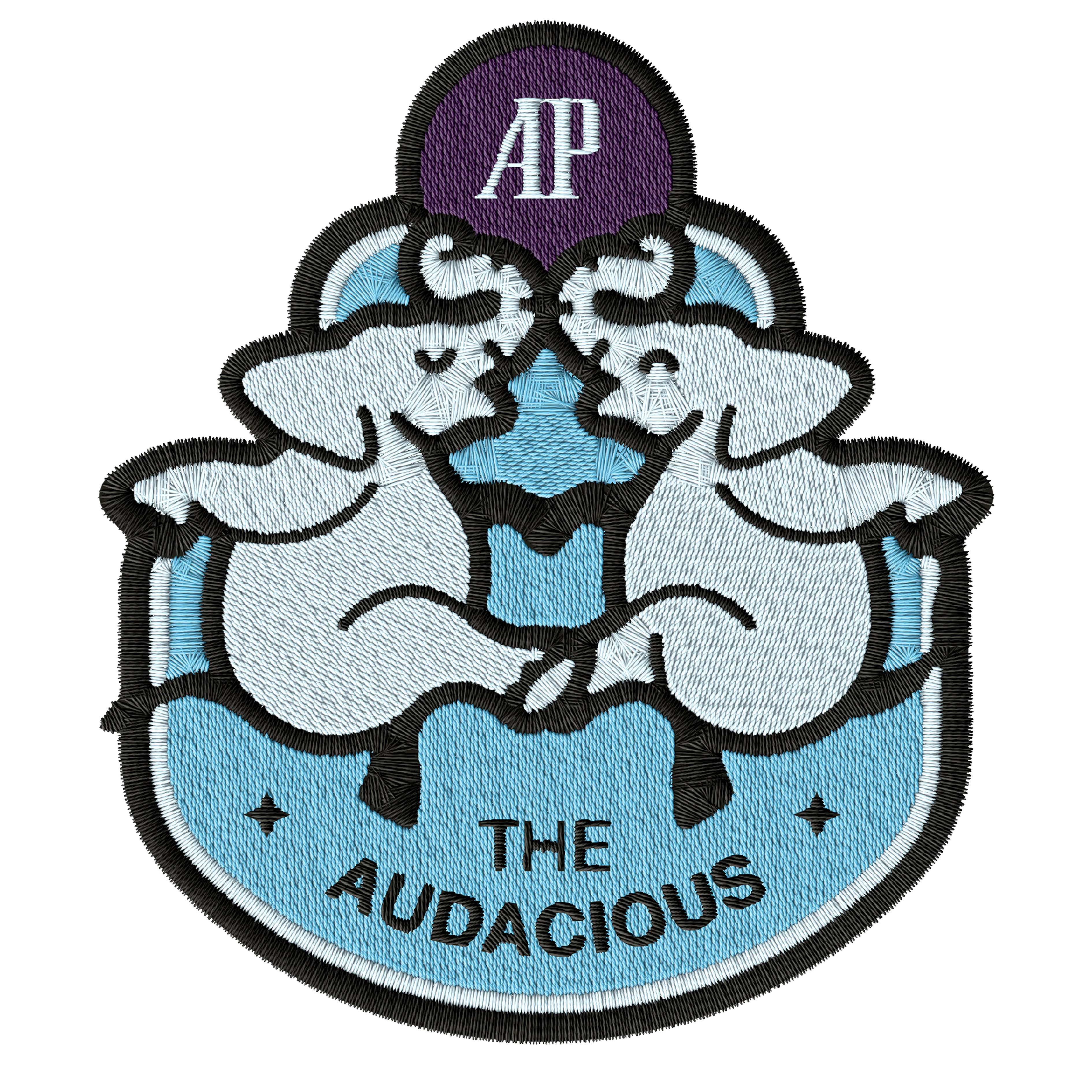 Embroidered patch of two blue elephants with the text “THE AUDACIOUS” and “AP” on top.