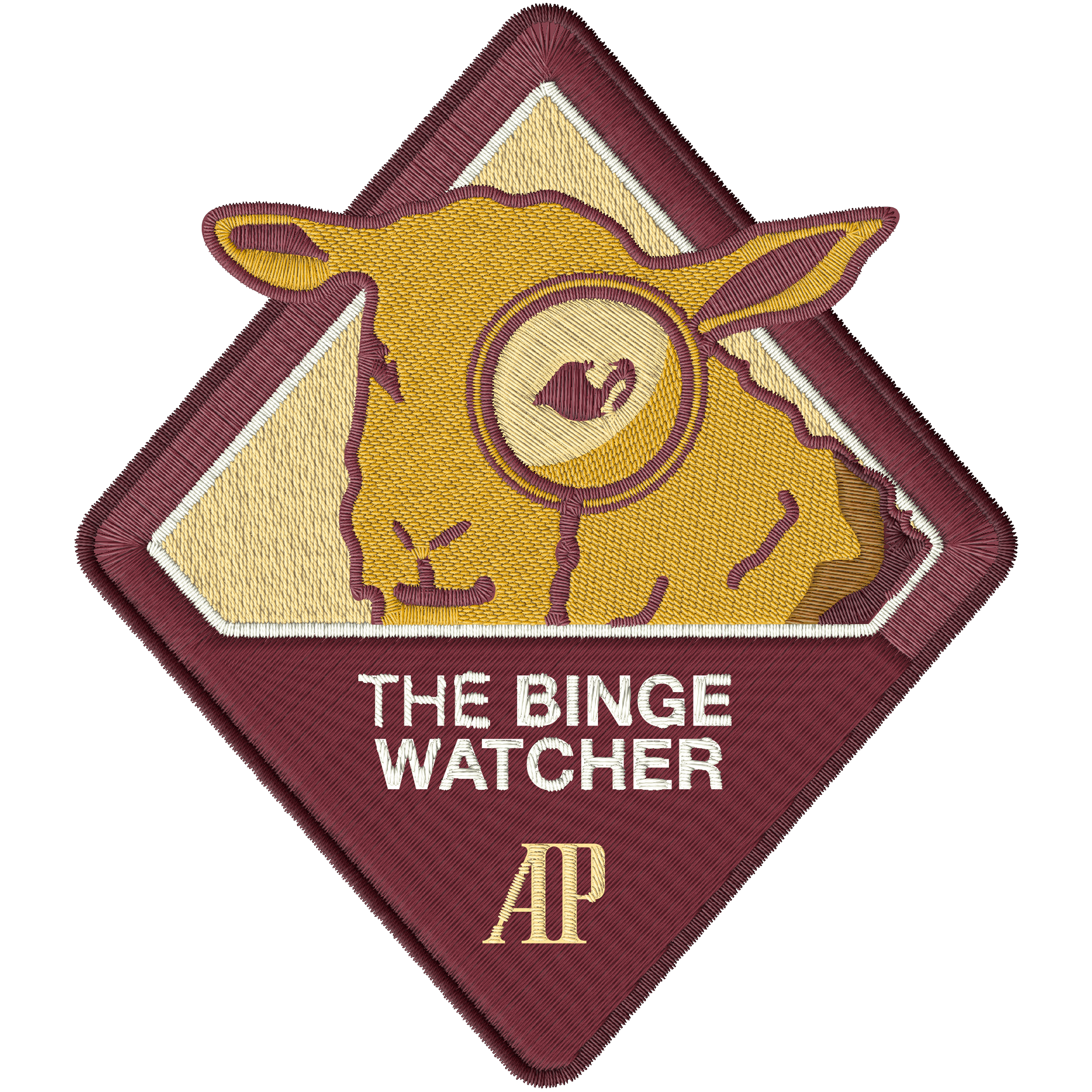 Embroidered patch of a sheep with a magnifying glass with the text “THE BINGE WATCHER” and “AP” on top.