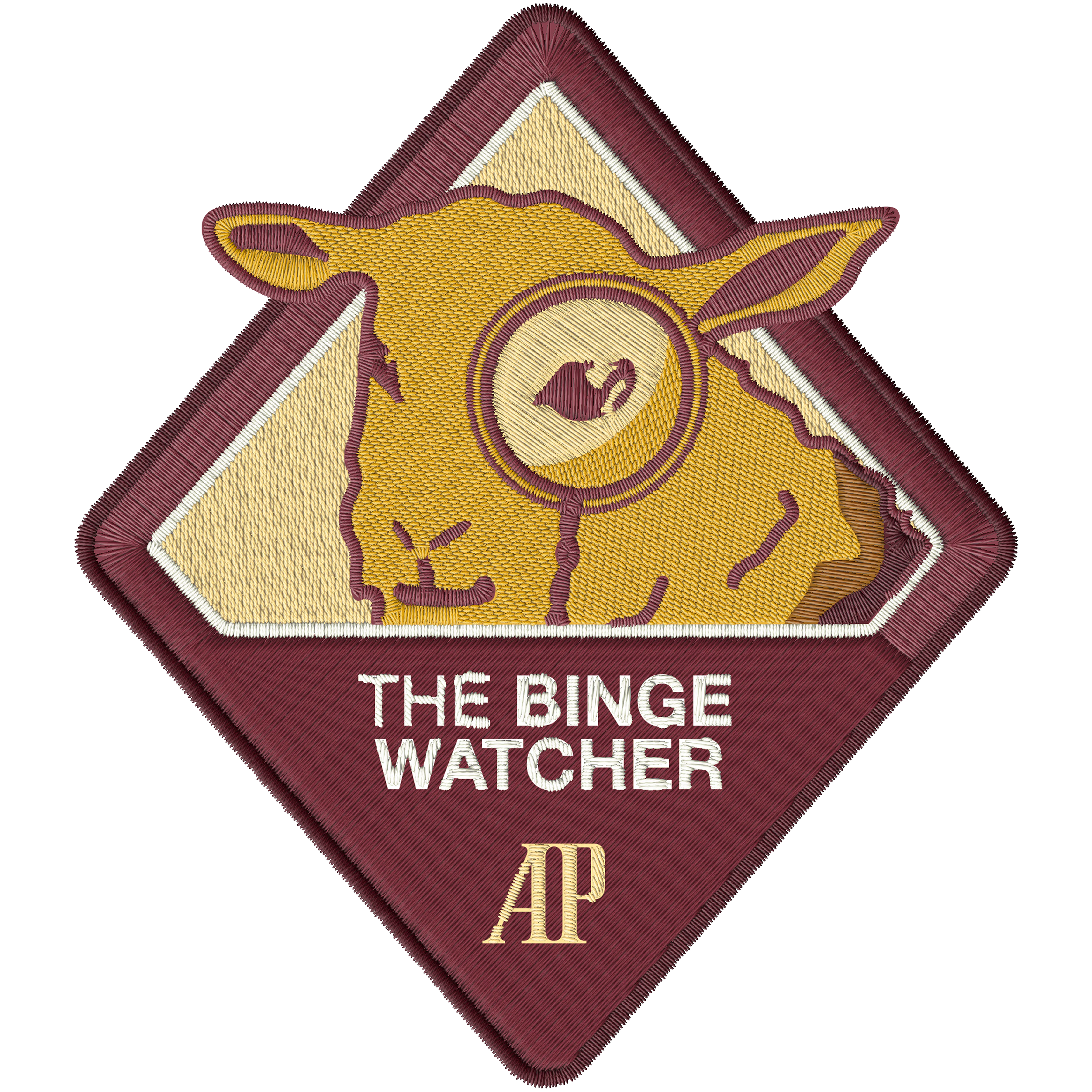 Embroidered patch of a sheep with a magnifying glass with the text “THE BINGE WATCHER” and “AP” on top.