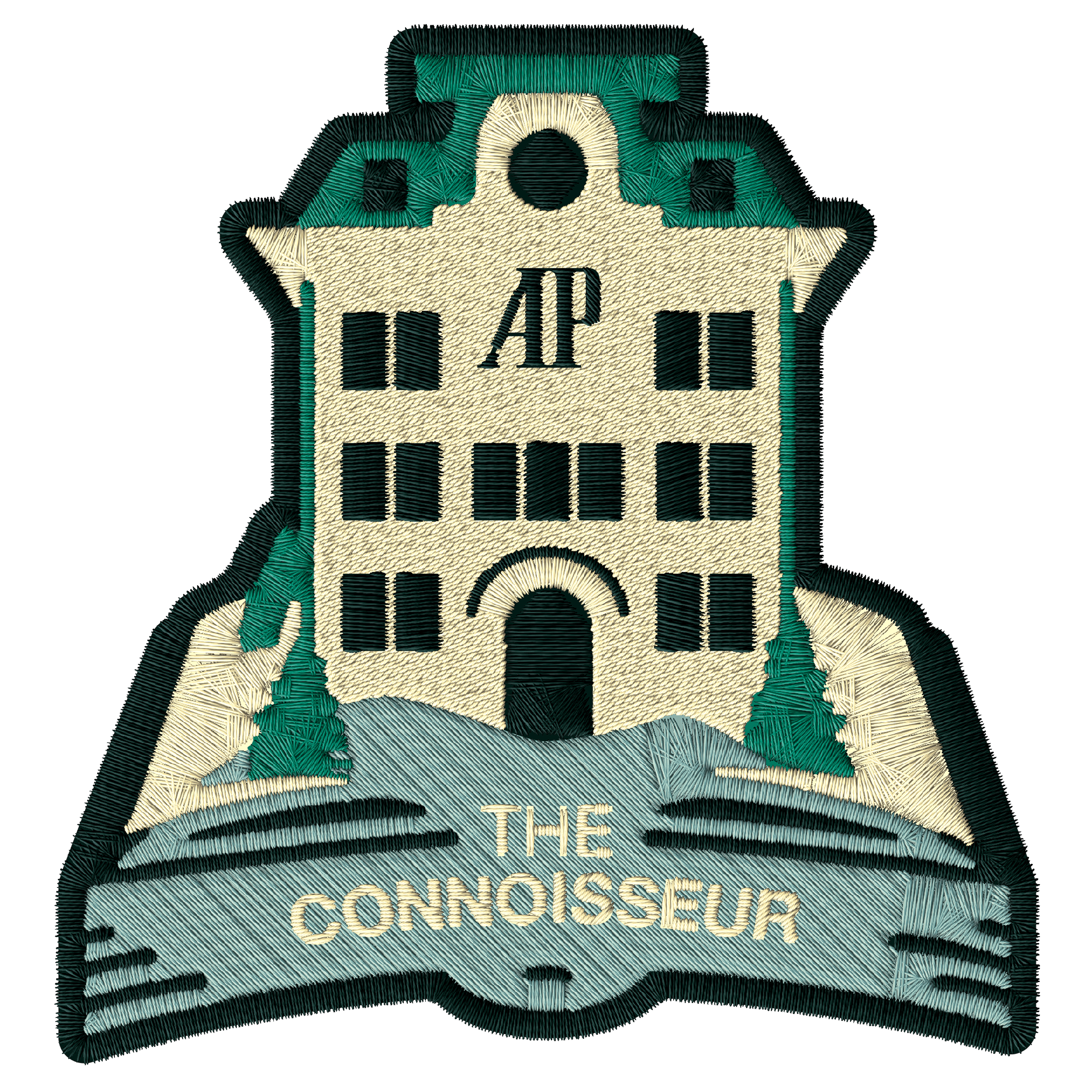 Embroidered patch of the AP building with the text “THE CONNOISSEUR” and “AP” on top.