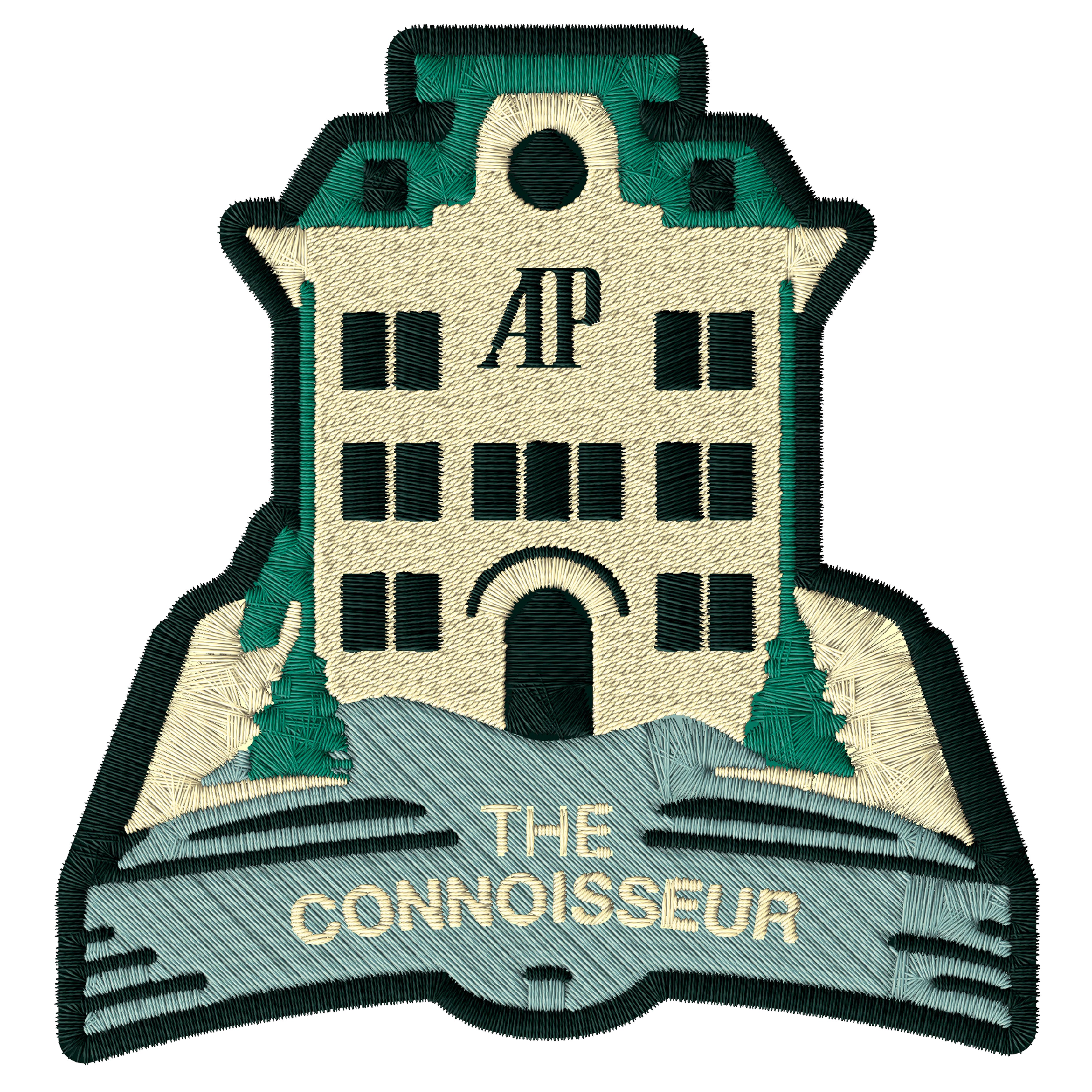 Embroidered patch of the AP building with the text “THE CONNOISSEUR” and “AP” on top.
