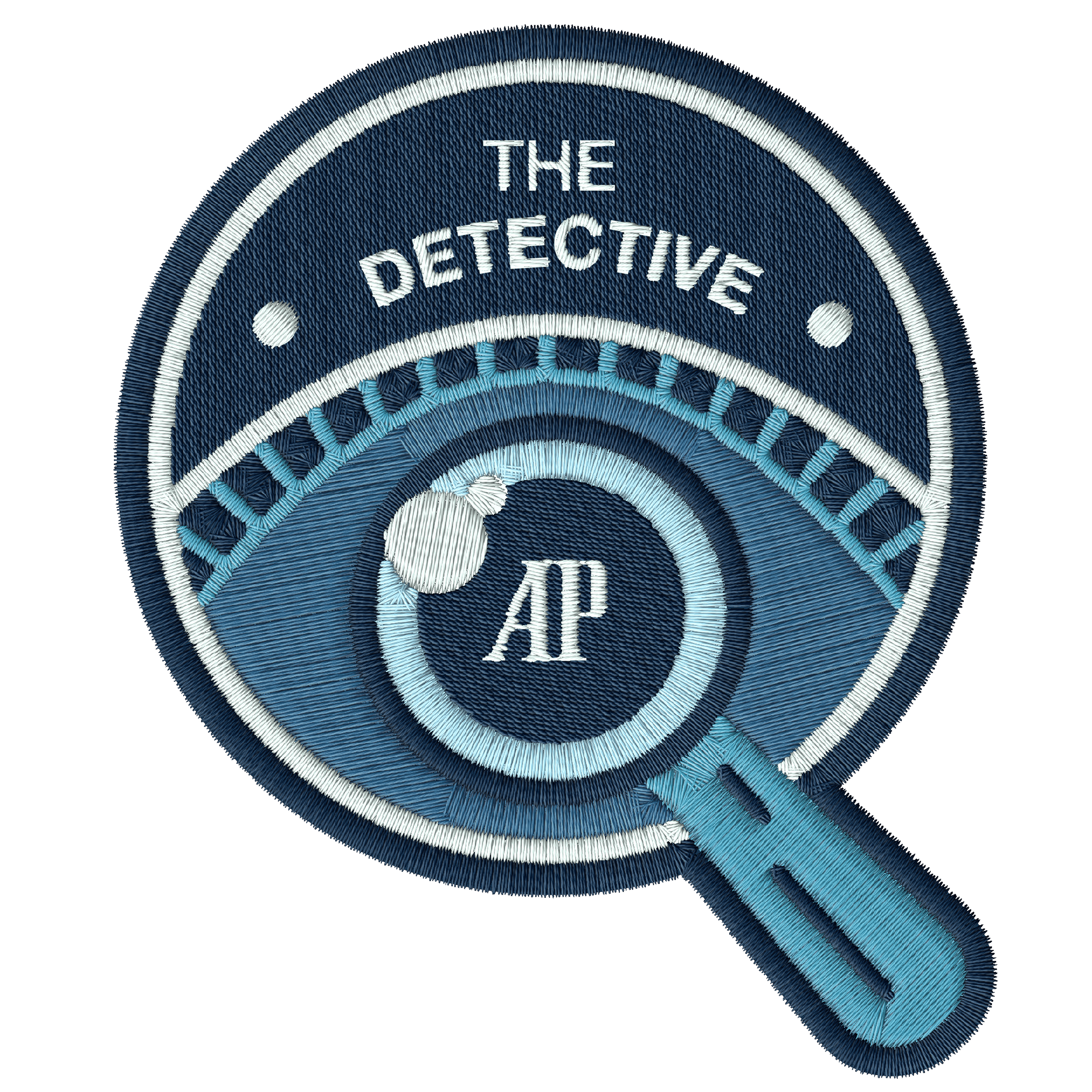 Embroidered patch of a magnifying glass with the text “THE DETECTIVE” and “AP” on top.