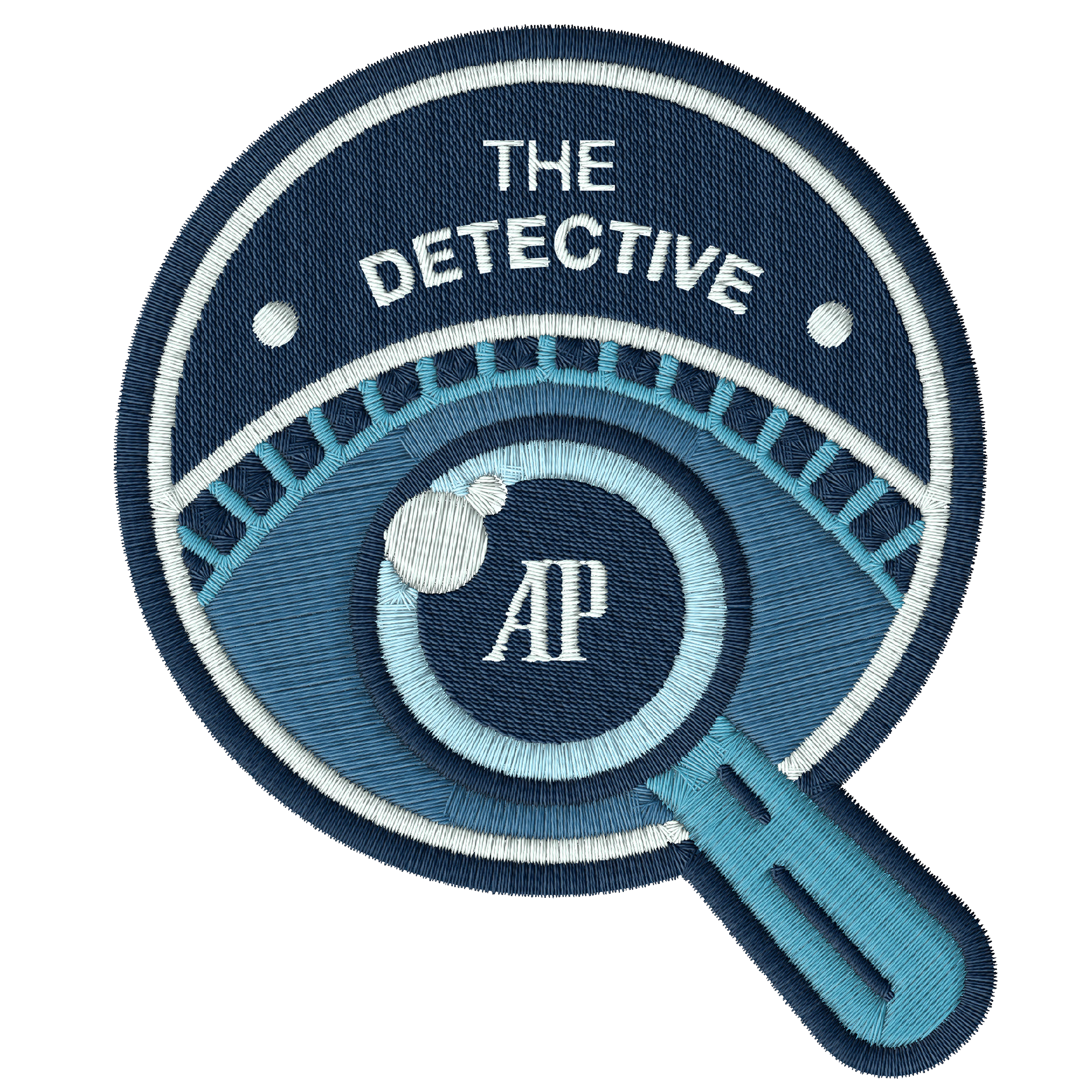 Embroidered patch of a magnifying glass with the text “THE DETECTIVE” and “AP” on top.