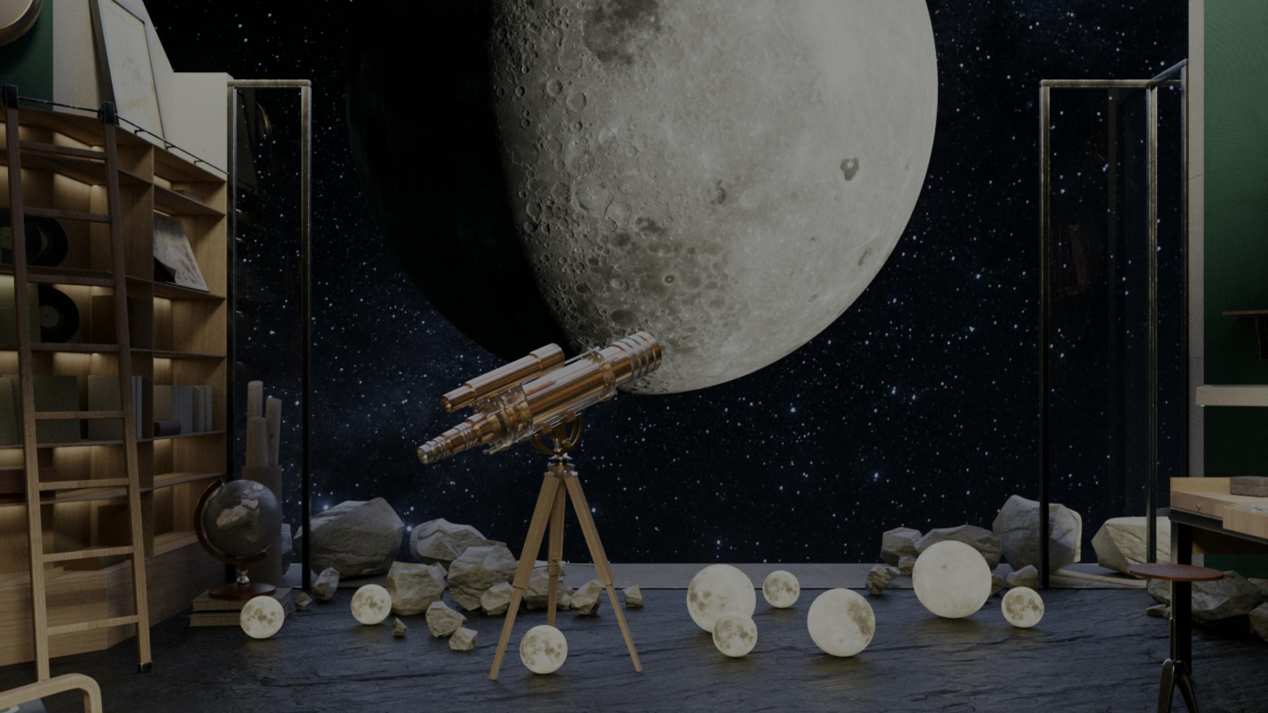 Image with a telescope aimed toward the moon in backstage room.