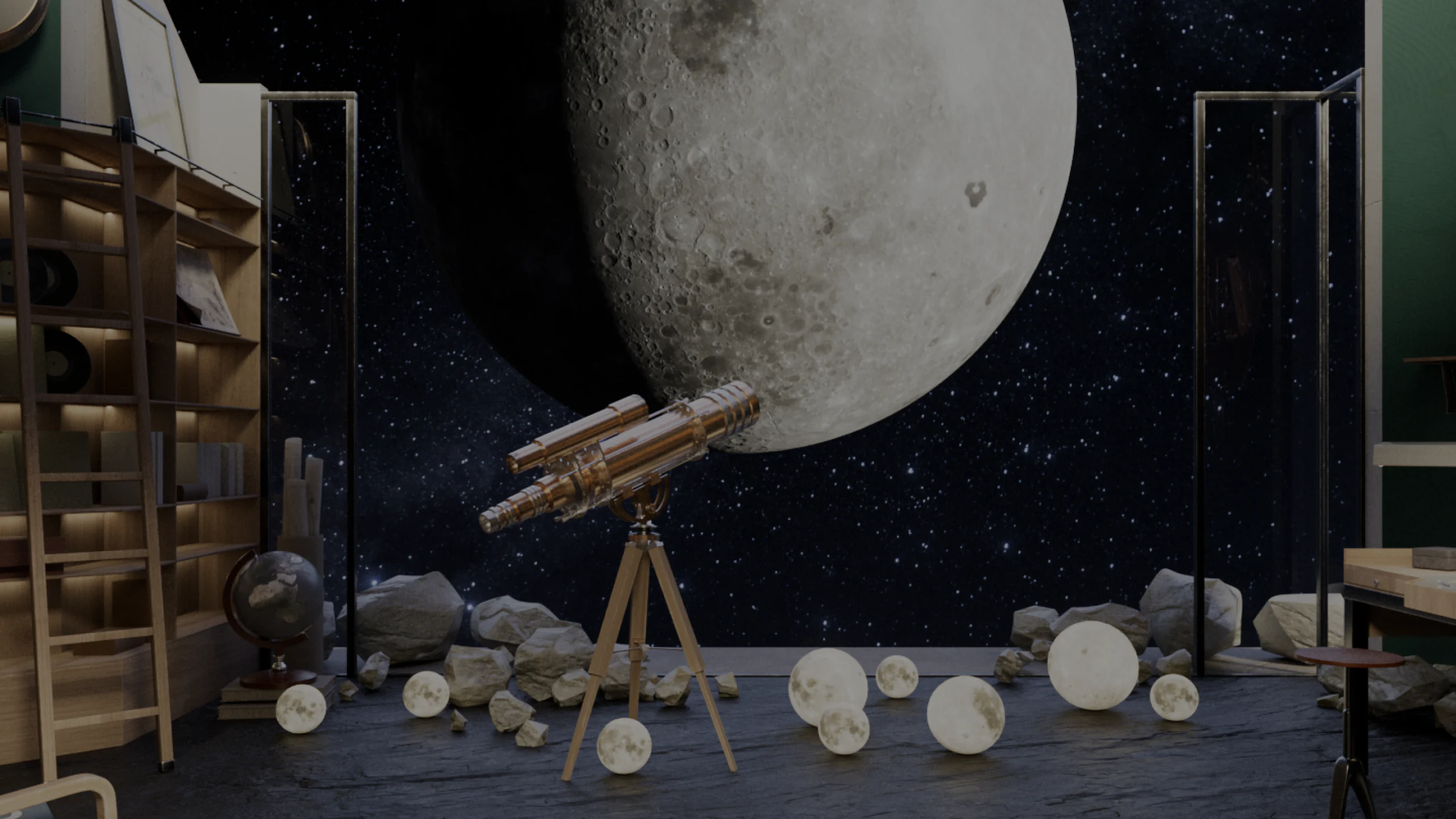 Image with a telescope aimed toward the moon in backstage room.