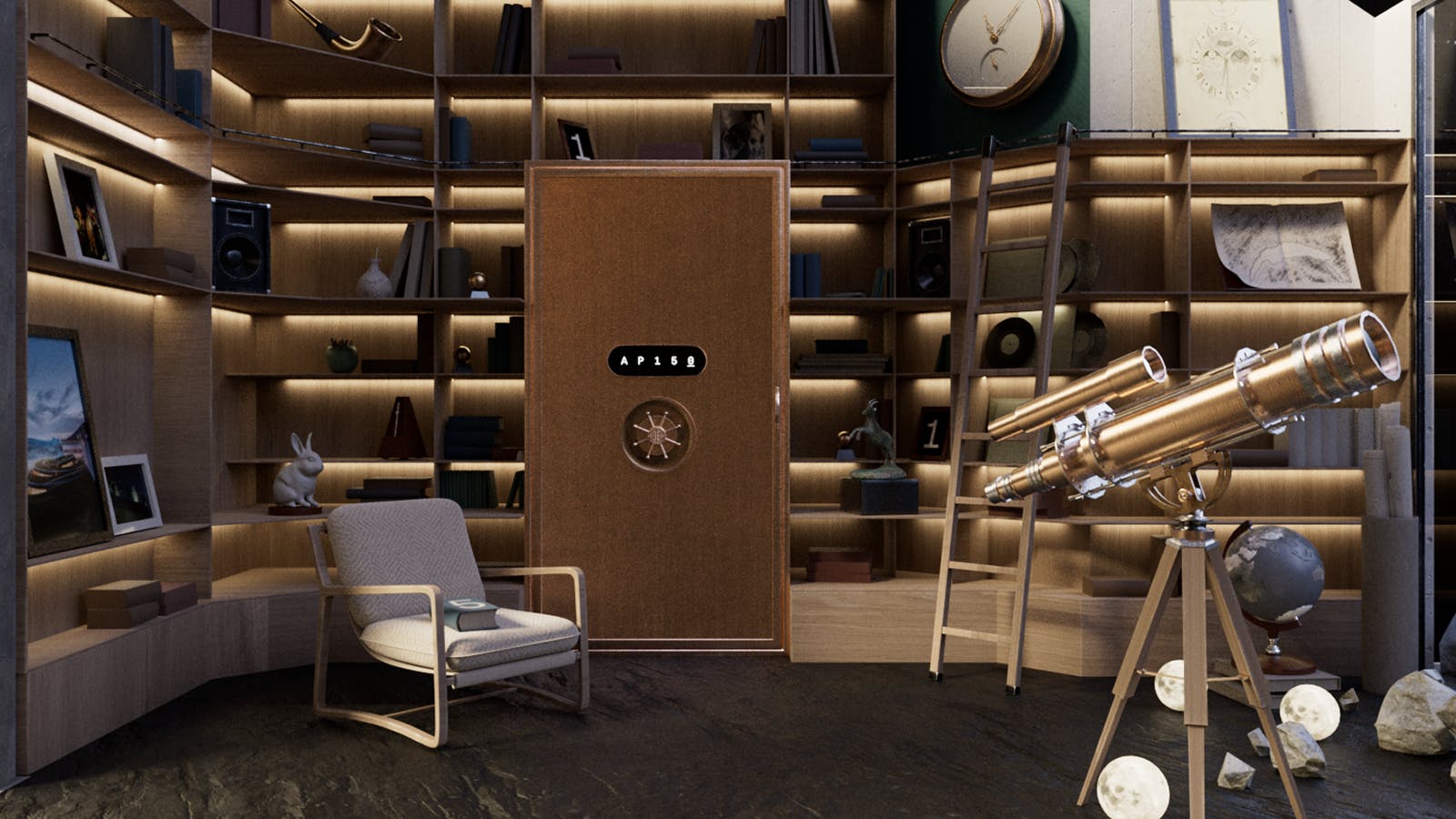 A cozy room featuring a telescope, a comfortable chair, and filled bookshelves lining the walls.
