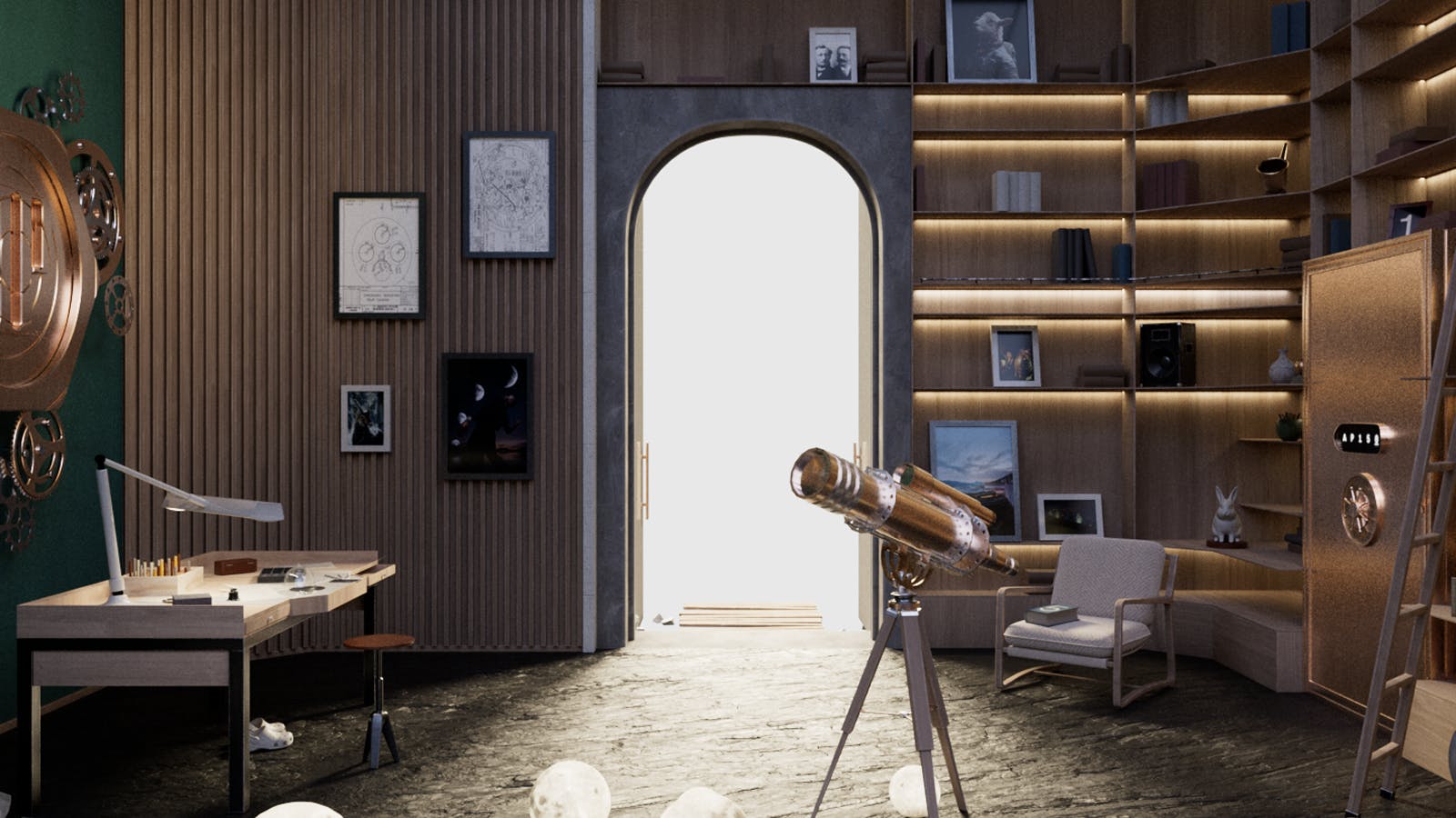 A room featuring a desk, bookshelves filled with books, and a vault.