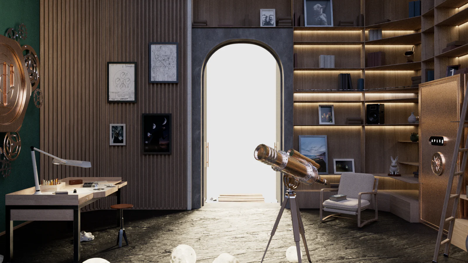 A room featuring a desk, bookshelves filled with books, and a vault.