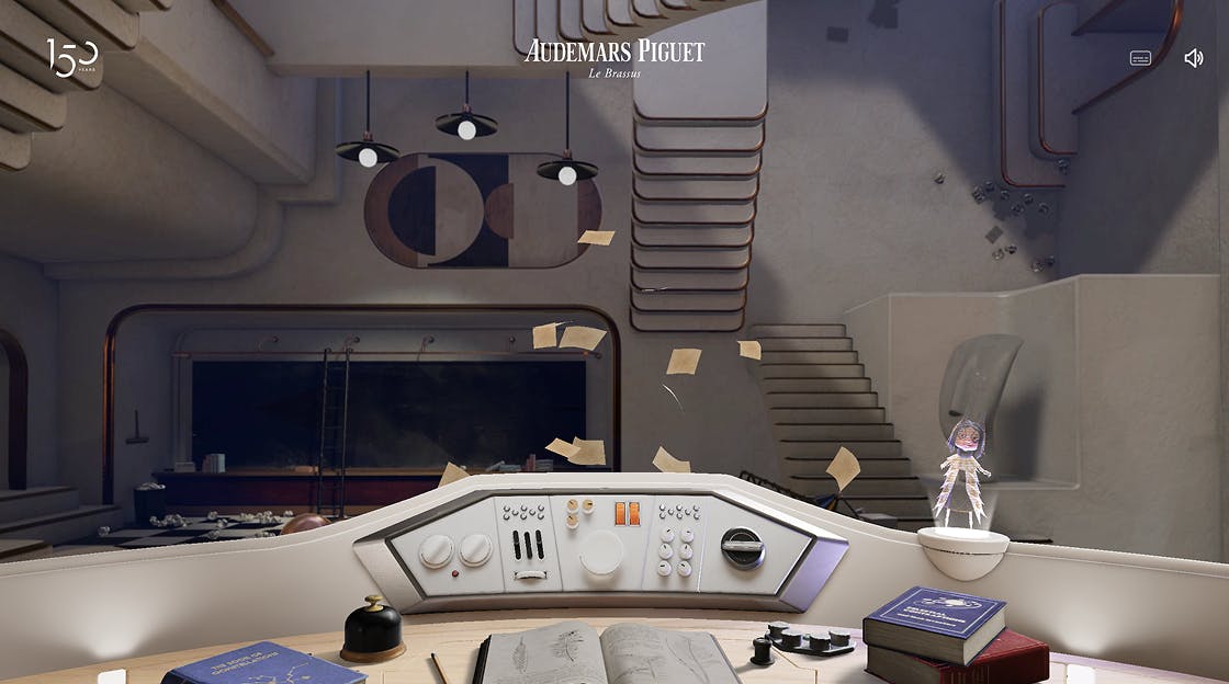 A room featuring a desk with books and a computer, in a out of space study or workspace environment.