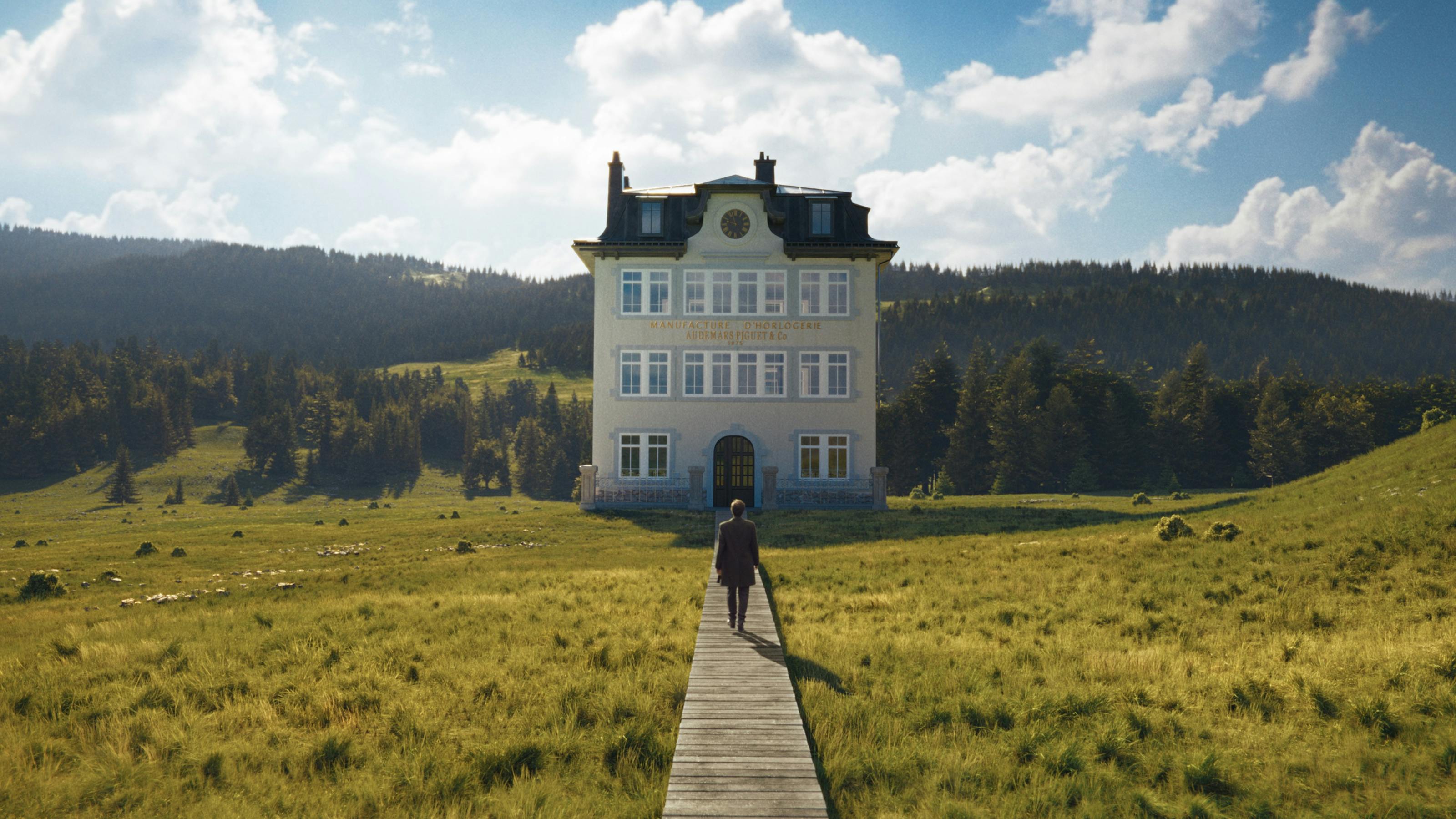 A building standing in a natural landscape, a man is walking toward the building.