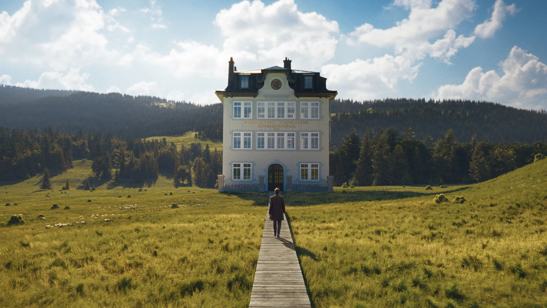 A building standing in a natural landscape, a man is walking toward the building.