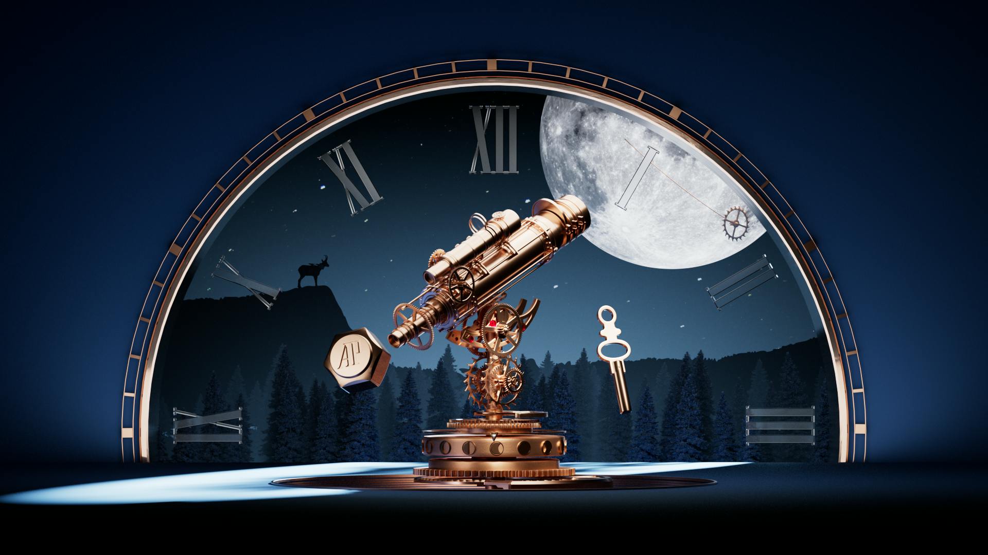 A golden telescope, aimed toward the full moon, framed by a half horloge that serves as its window.