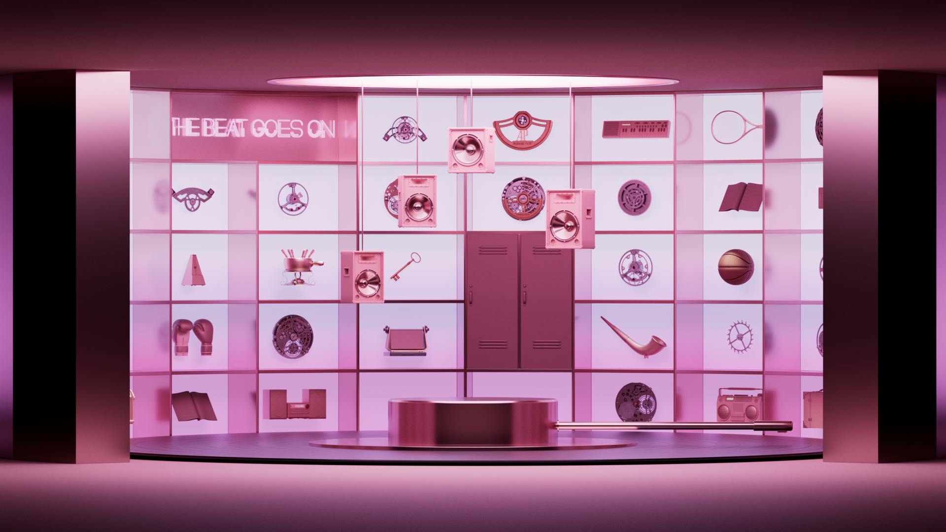 Pink-lit display room with vintage objects and a neon sign reading “THE BEAT GOES ON.”