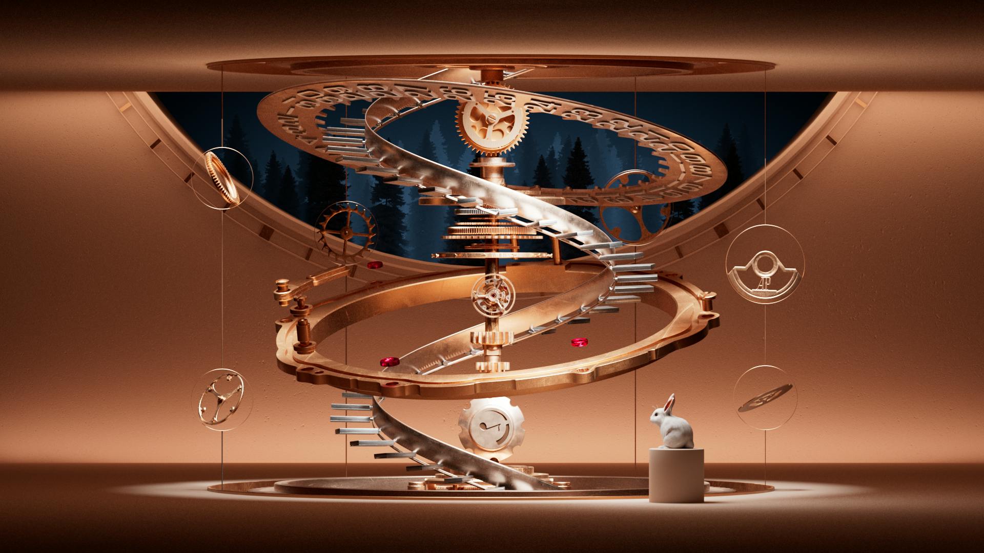 Golden clockwork structure with spiraling gears and a small white rabbit in front of a half-clock window under moonlight.