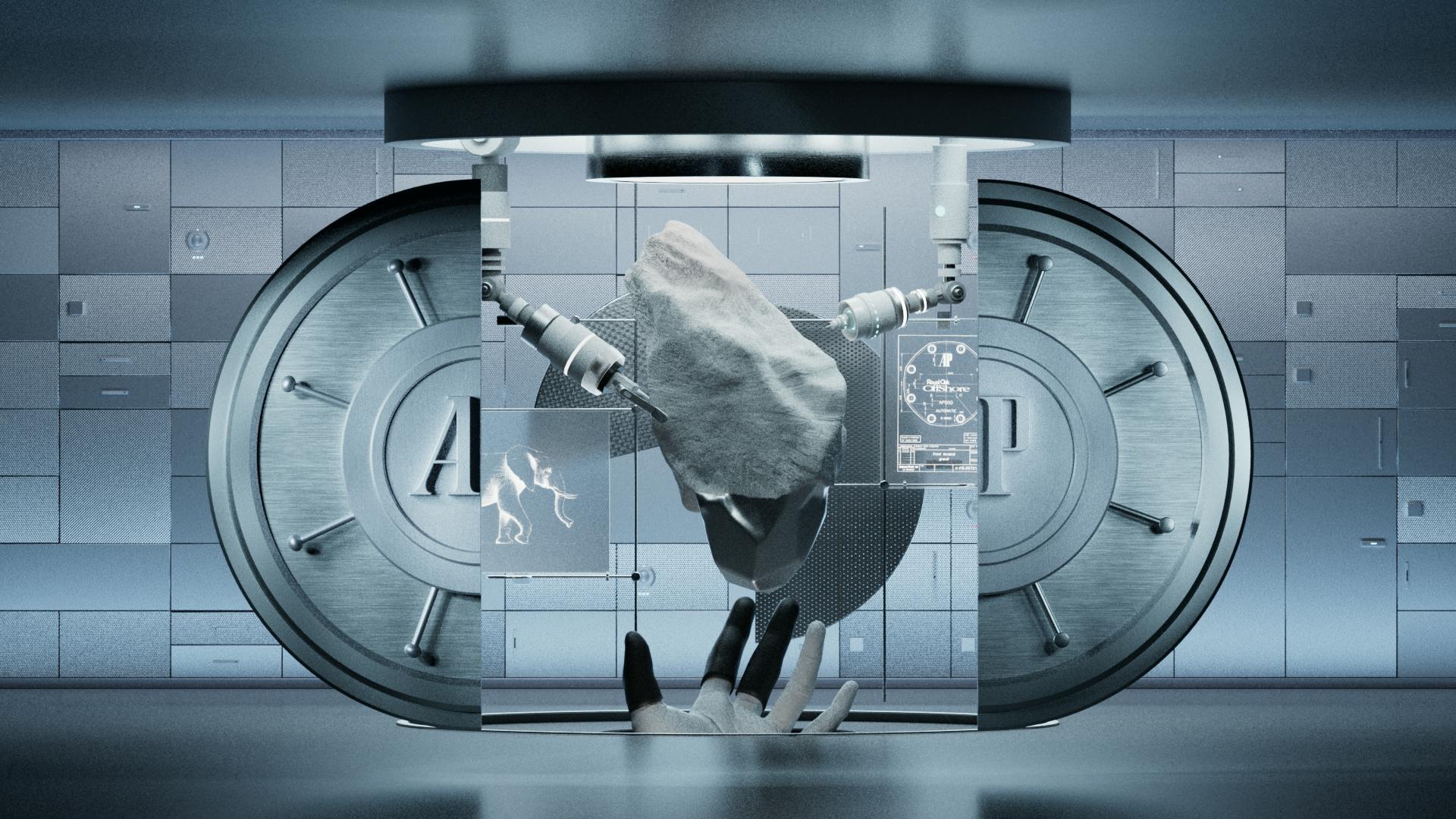 Futuristic vault with robotic arms working on a suspended rock inside a metallic, blue-lit chamber.