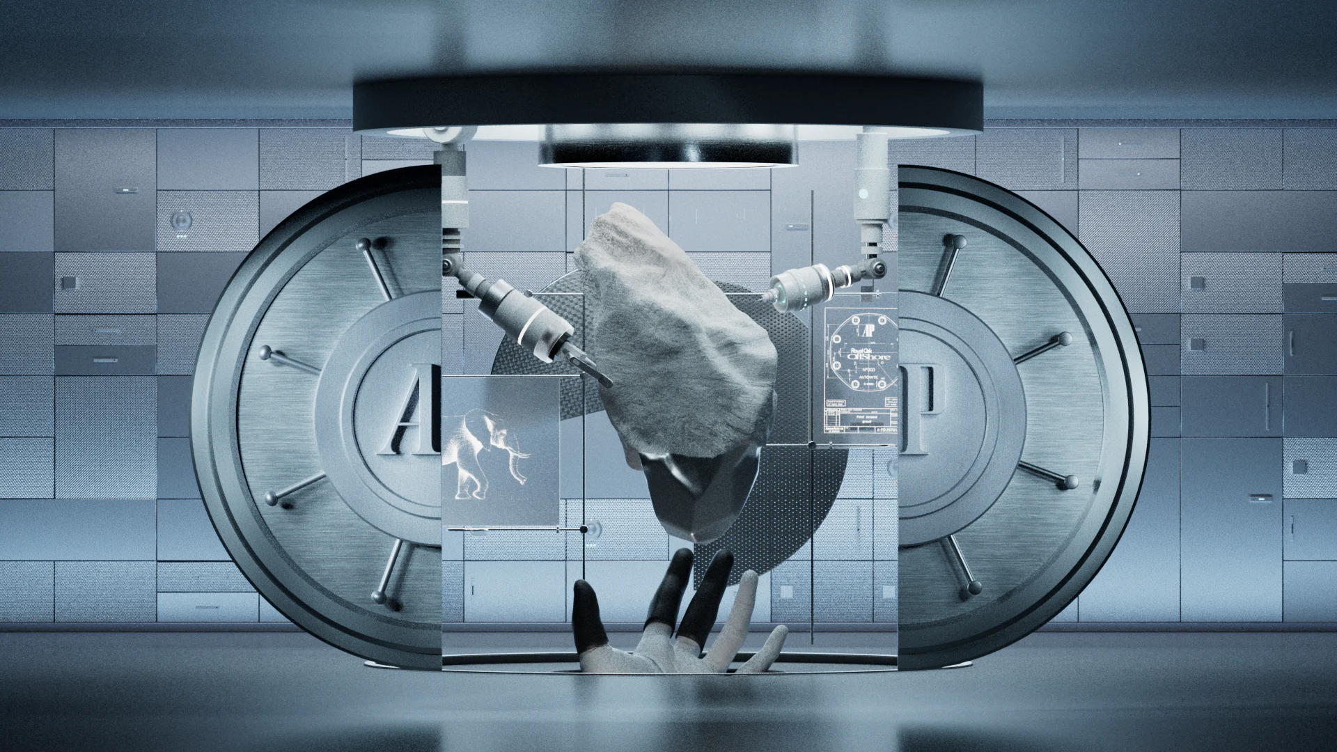 Futuristic vault with robotic arms working on a suspended rock inside a metallic, blue-lit chamber.