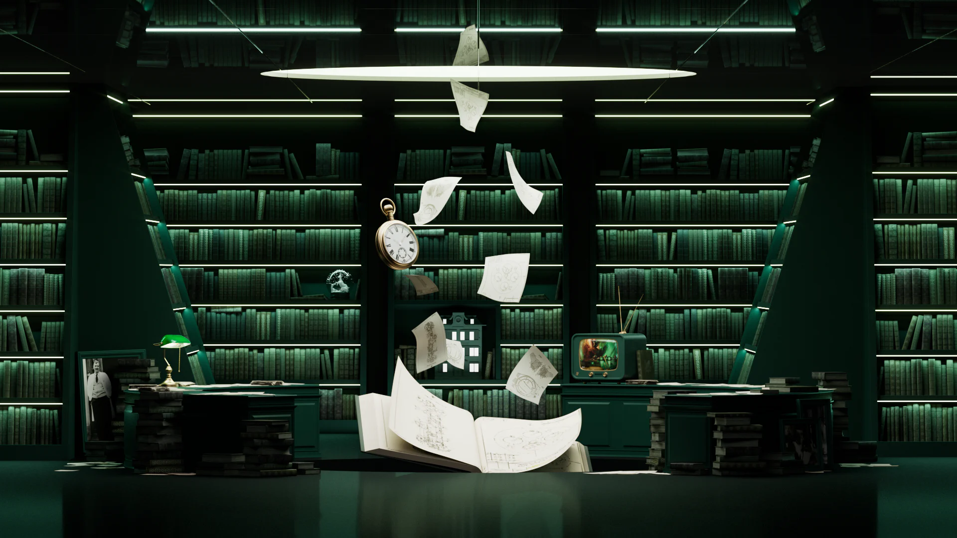 Green-lit library with floating papers, an open book, and a suspended pocket watch above a cluttered desk.