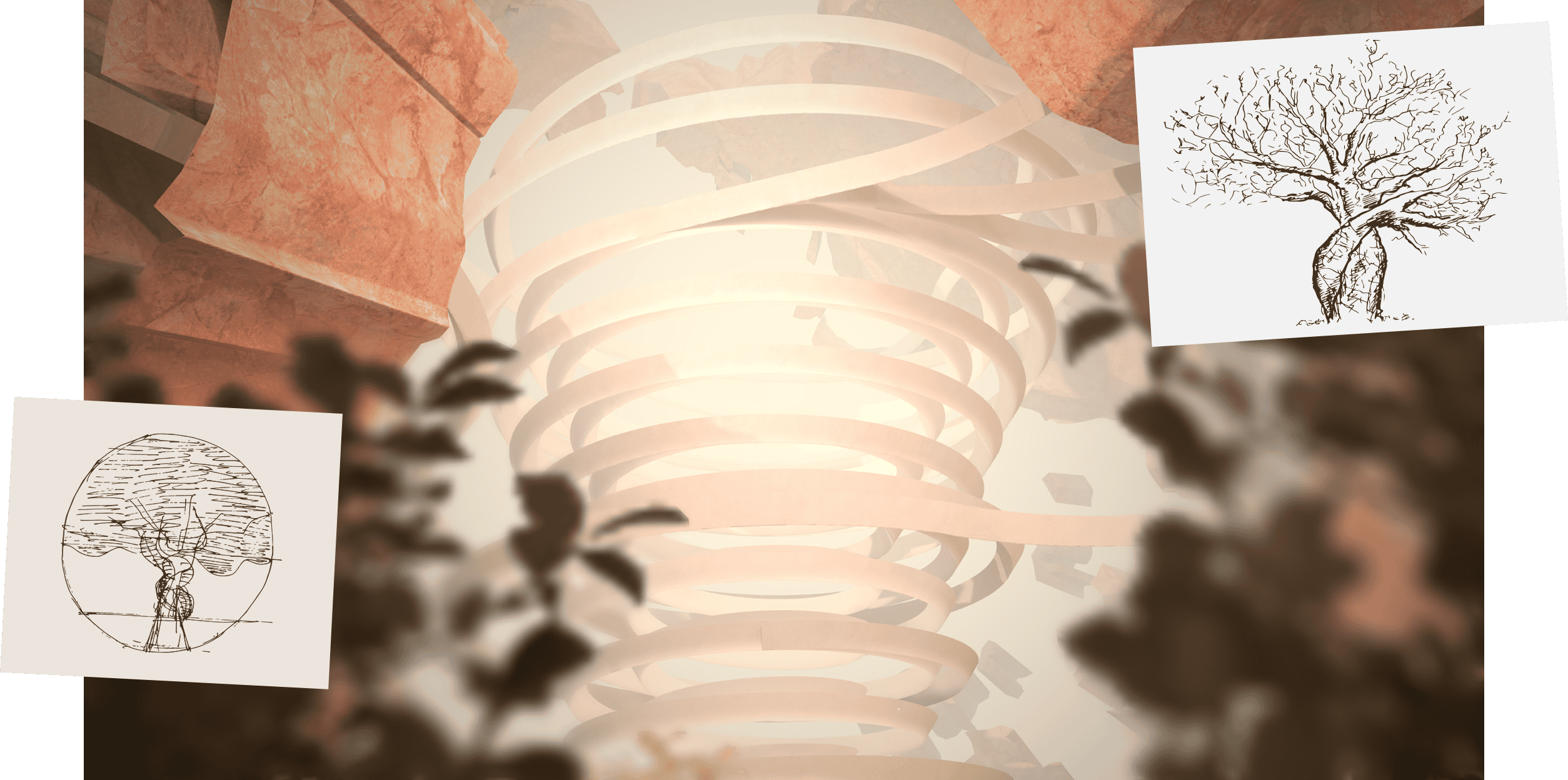 A creative illustration of a tree with a spiral staircase, merging natural elements with imaginative design.