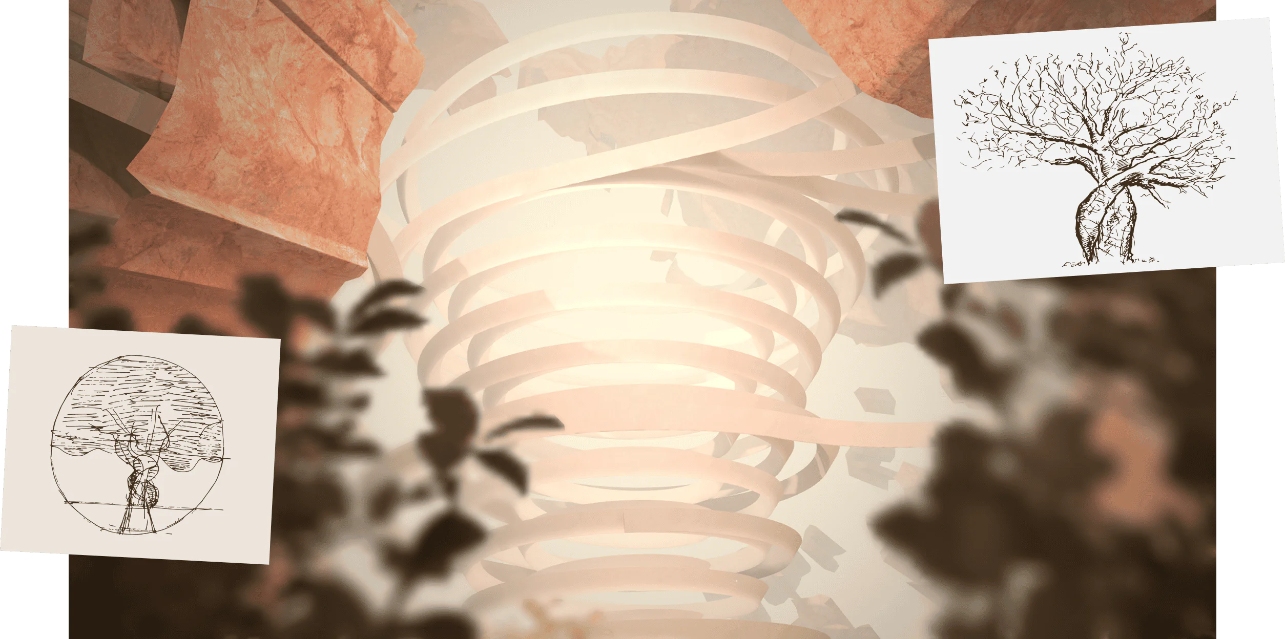 A creative illustration of a tree with a spiral staircase, merging natural elements with imaginative design.