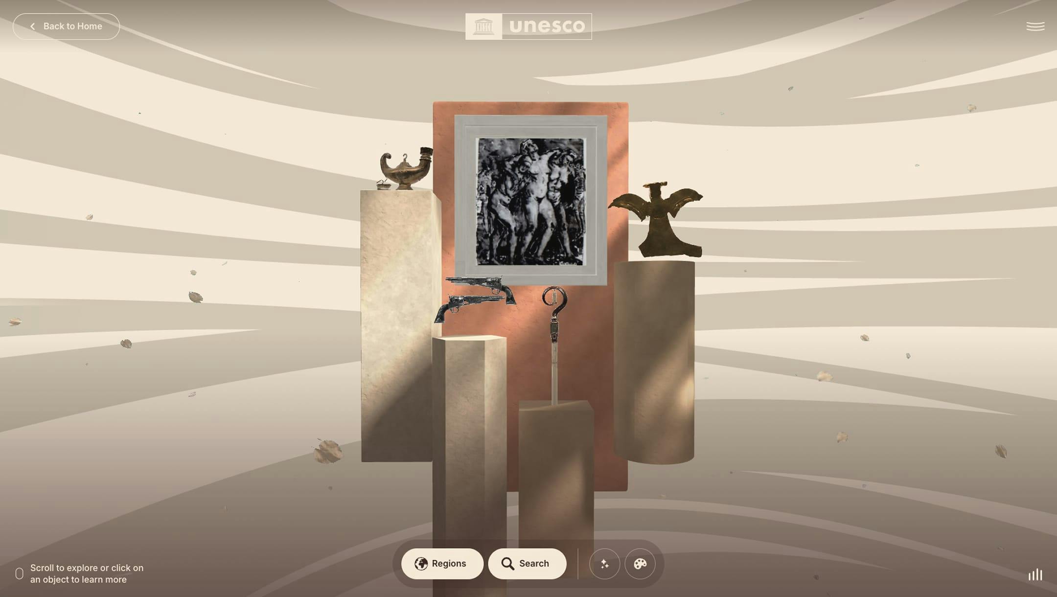 A screenshot displaying a virtual art gallery featuring various artworks inside the Baobab tree.