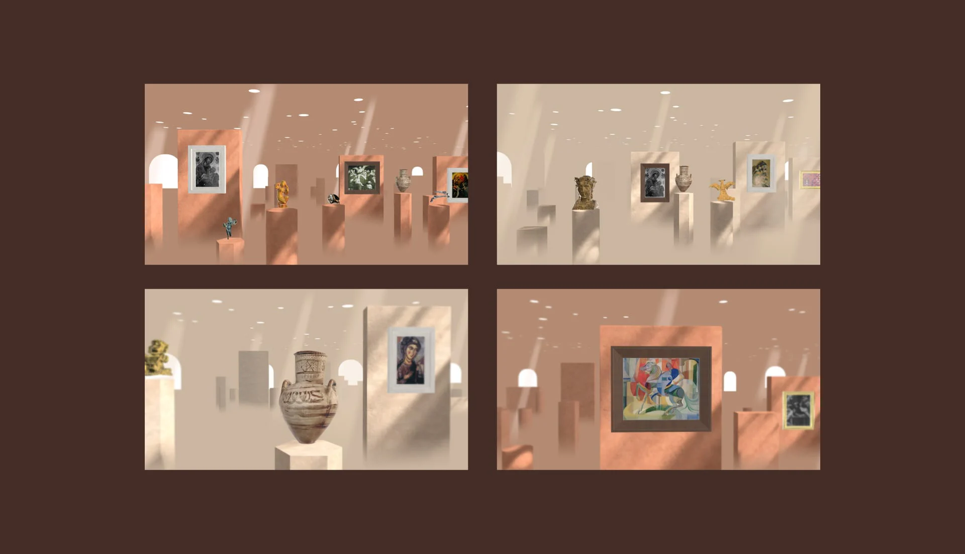 Four screenshots of the Region rooms where artworks are displayed horizontally.
