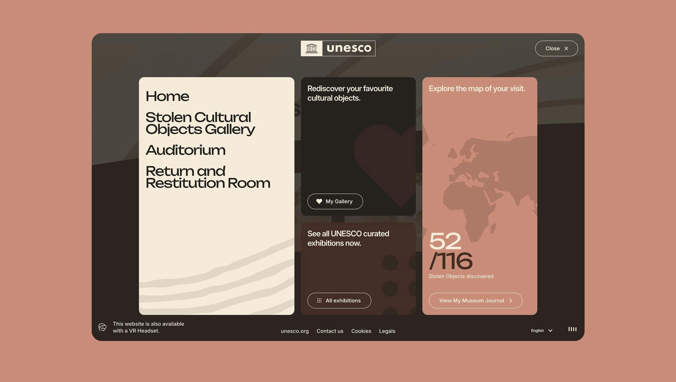 Screenshot of the menu with different panels (Stolen Objects Gallery, Auditorium, Return & Restitution Room, My Gallery, All exhibitions, My History)