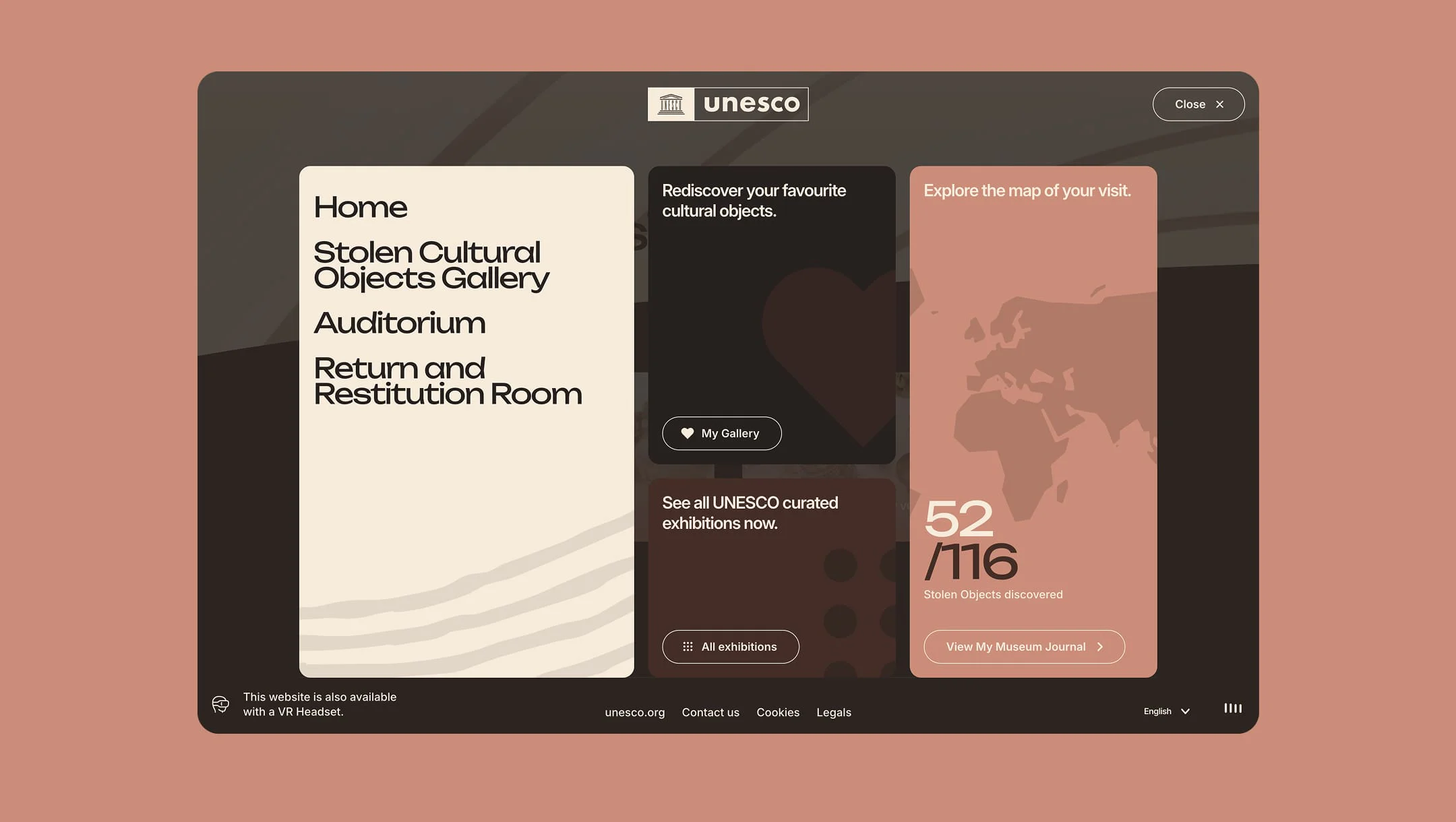Screenshot of the menu with different panels (Stolen Objects Gallery, Auditorium, Return & Restitution Room, My Gallery, All exhibitions, My History)