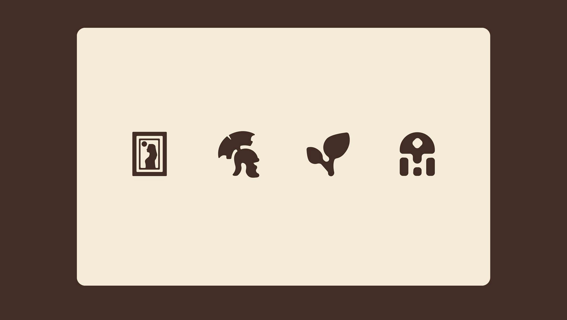 4 icons: Portrait, knight helmet, plant and building