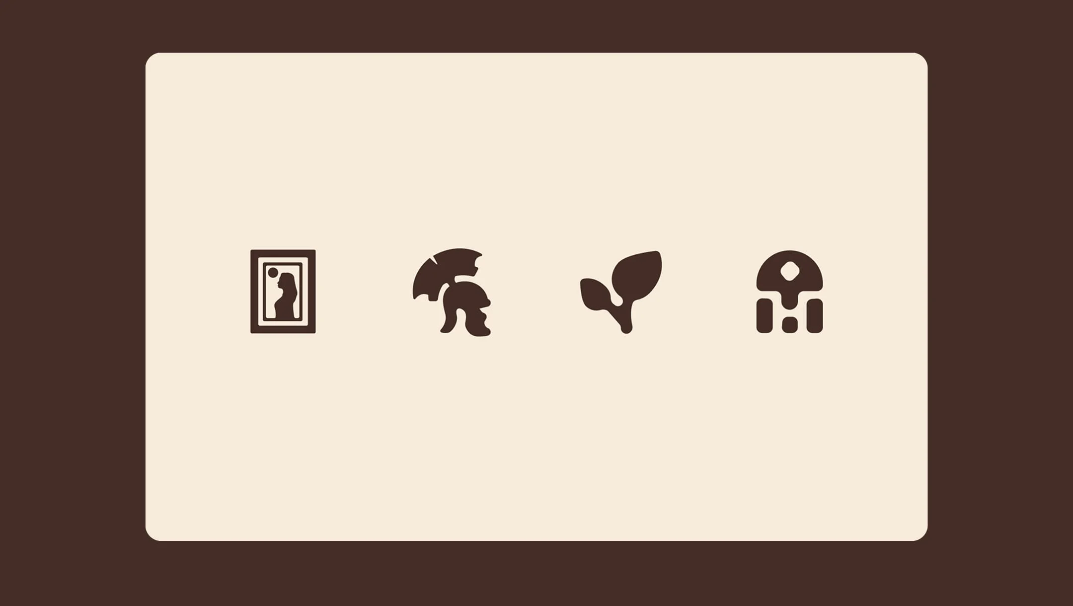 4 icons: Portrait, knight helmet, plant and building