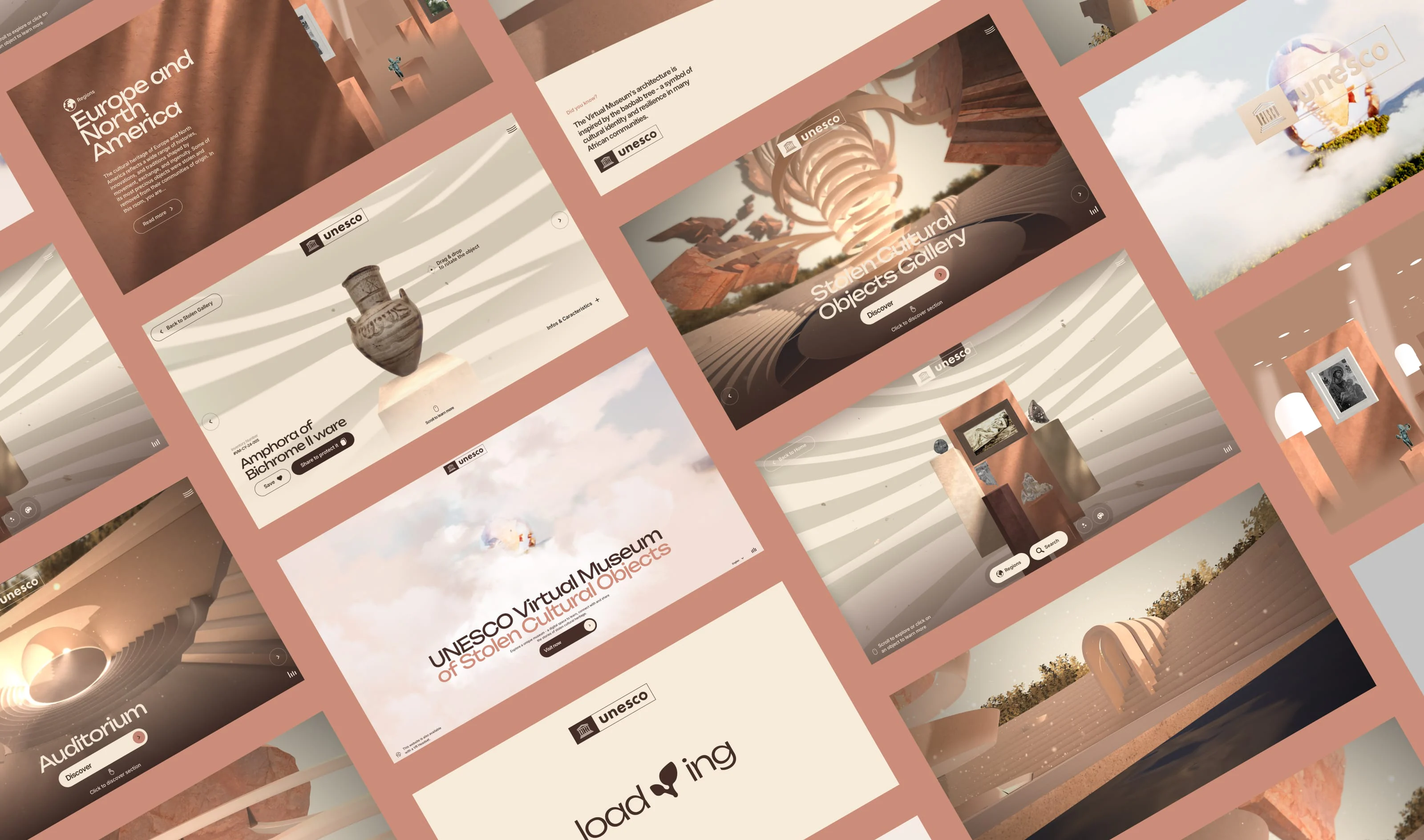 Grid with screens of the Virtual Museum of Stolen Cultural Objects experience.