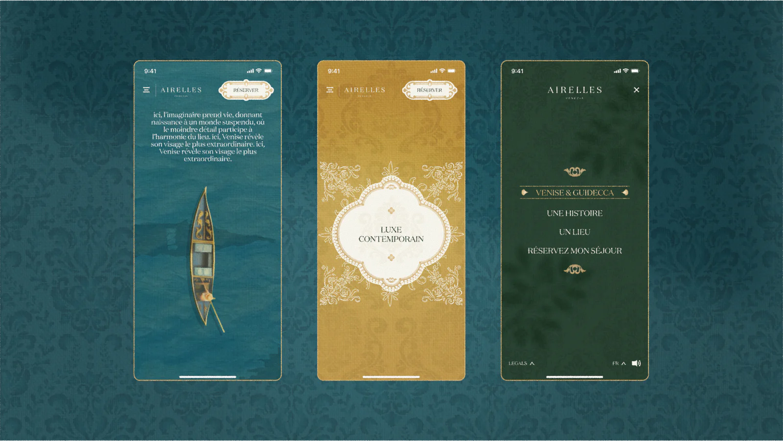 An website interface designed to feature nautical elements and rococo art, to represent Venezia.