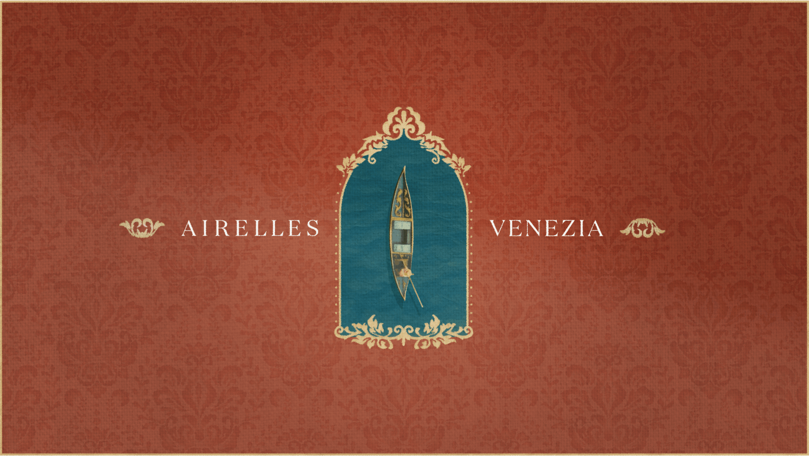 Image displaying a boat on a striking red backdrop + Airelles Venezia logo.