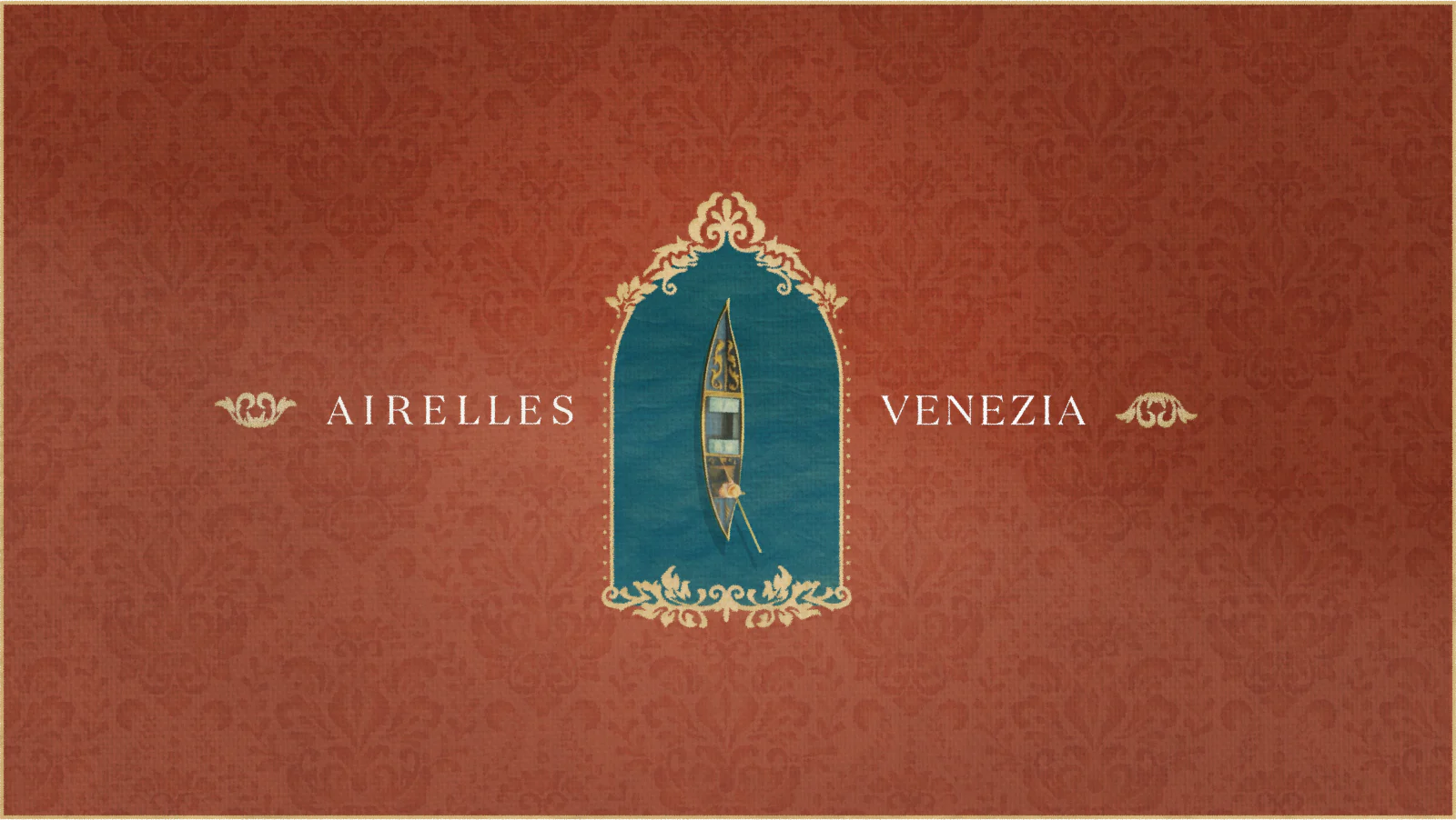 Image displaying a boat on a striking red backdrop + Airelles Venezia logo.
