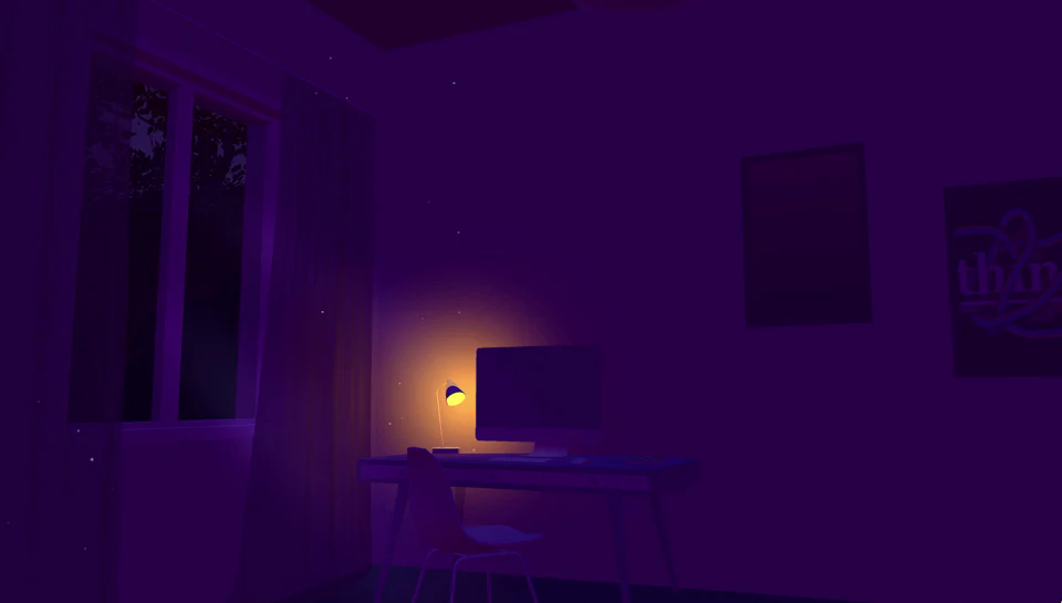 Illustration of a desk in the darkness.