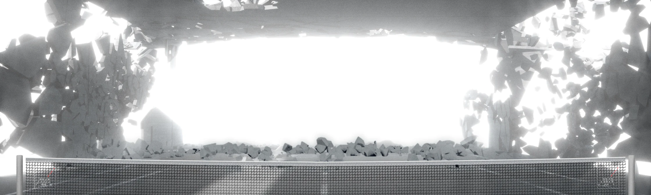 On the interactive screen, the tennis court is about to collapse.